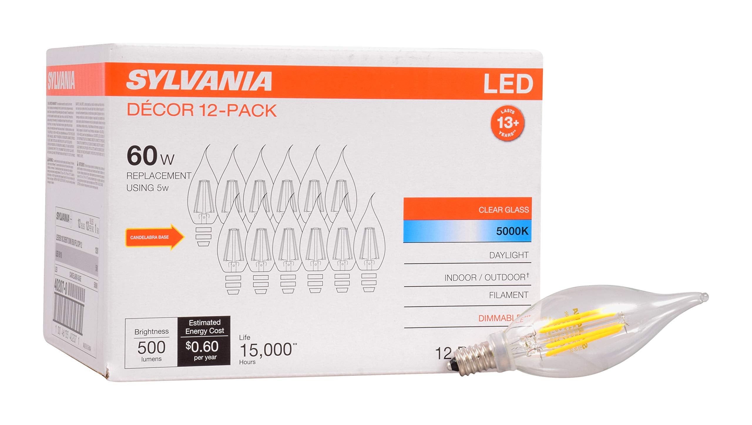 Sylvania Led B10 Chandelier Light Bulb, 60W Equivalent Efficient 5W, Dimmable, Candelabra Base, Clear, 5000K, Daylight - 12 Pack