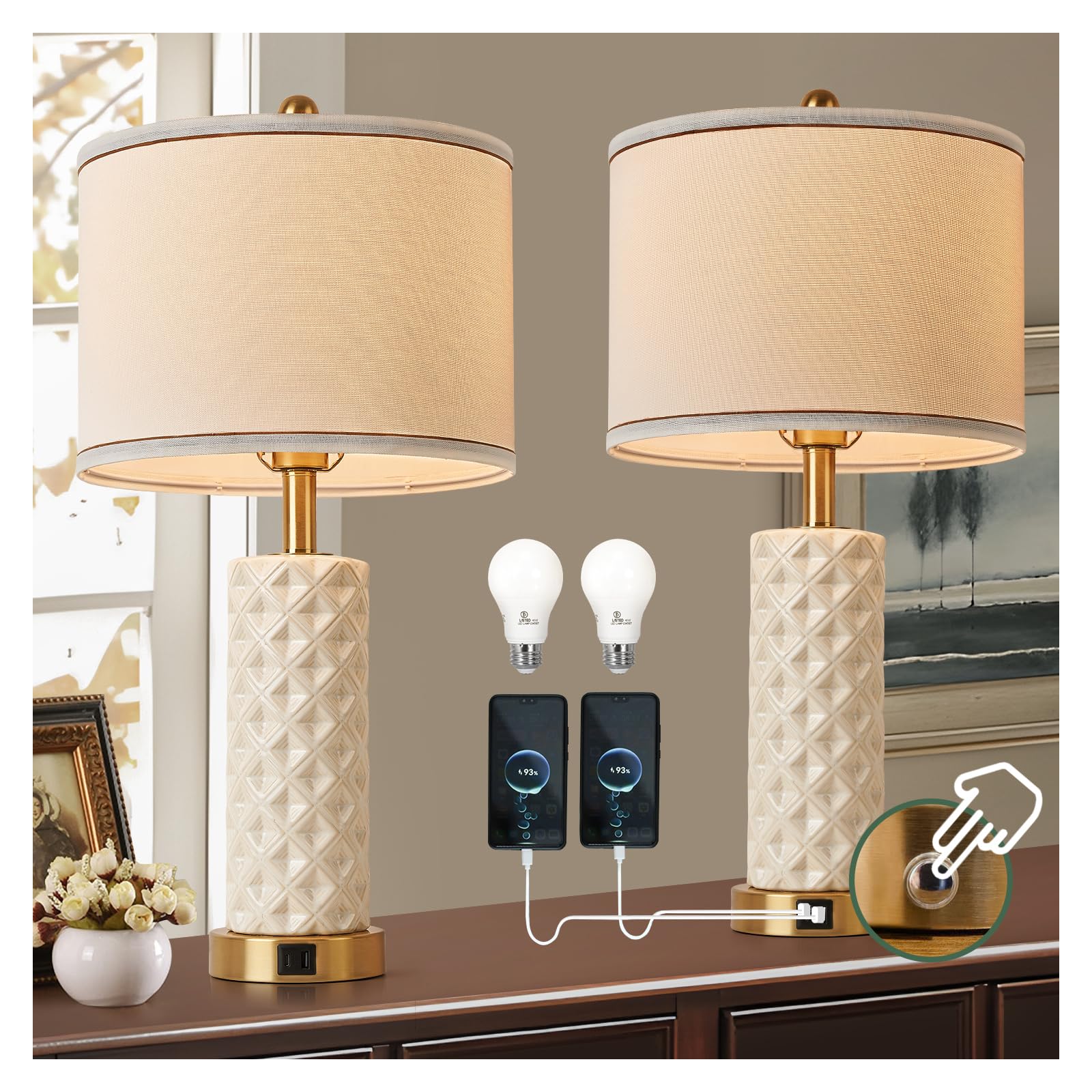 bdayanx 3-Way Dimmable Table Lamp Set of 2,Touch Control Lamp with Night Light,Modern Crystal Table Lamps for Bedroom,Living Roo