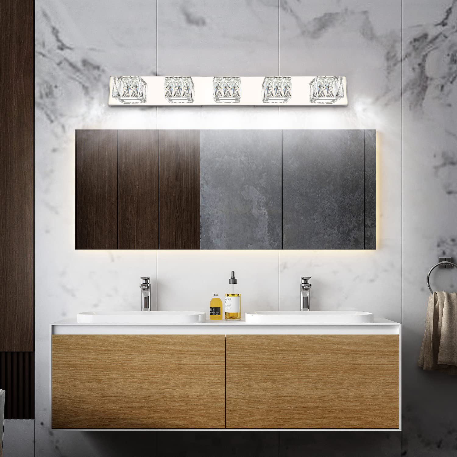 ZUZITO Modern Crystal 5 Light LED Bathroom Vanity Lights Over Mirror Chrome Stainless Steel Lighting Fixtures for Bath (Z7800-5)