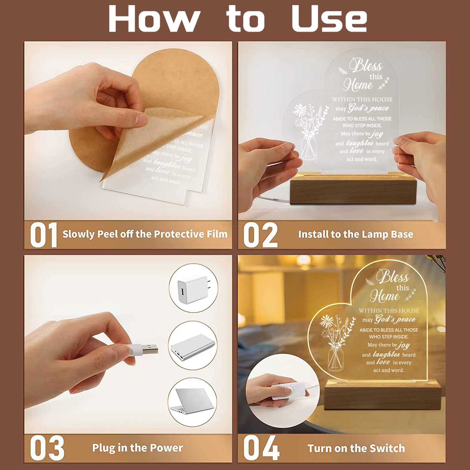 Hiipeenow Acrylic Engraved Night Light, House Blessing Gift, 15X19Cm, White, Model 464349684 For New Homeowners And Couples