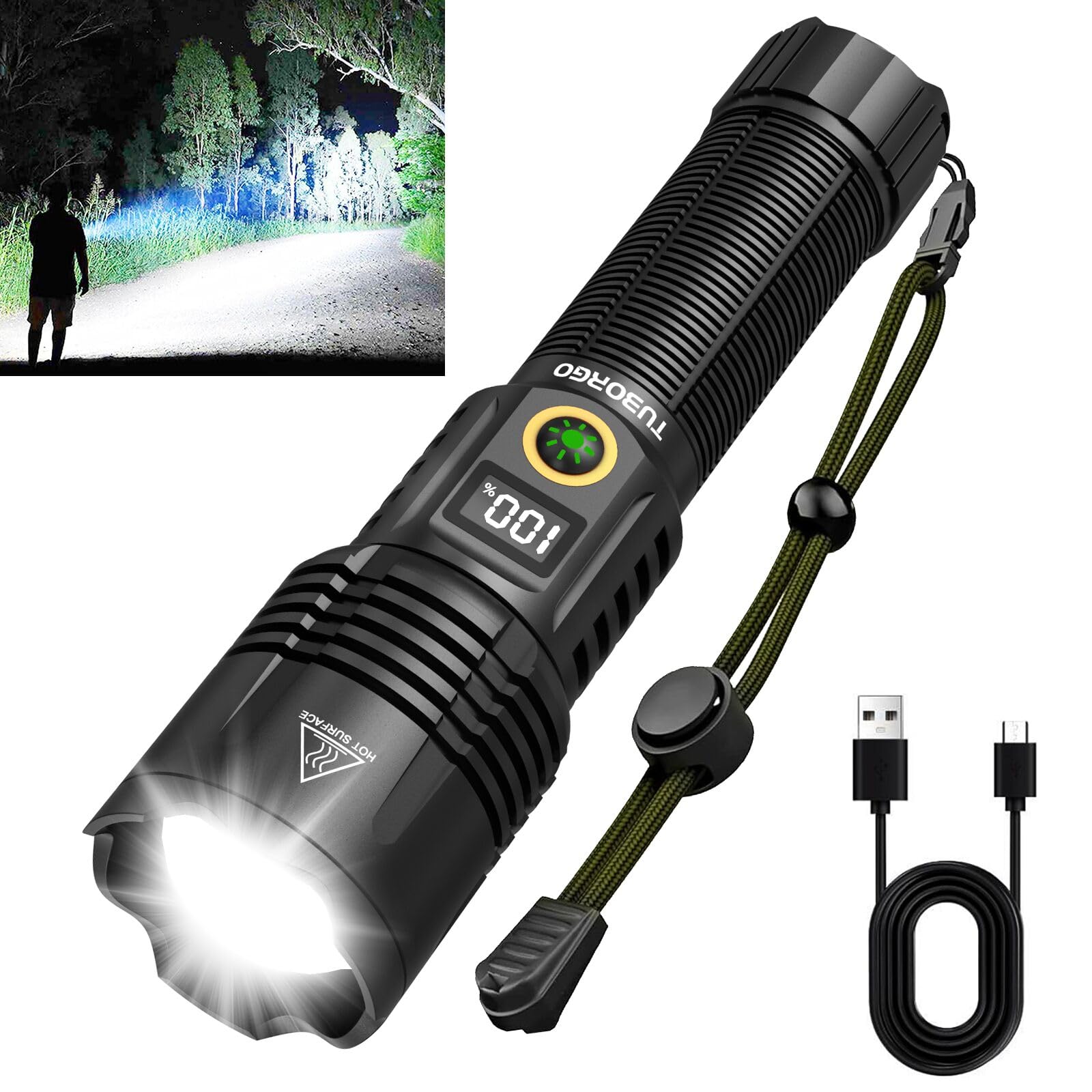TUBORGO Rechargeable Flashlights 2200 High lumens, Super Bright LED Tactical Flashlight, Zoomable, IPX6 Waterproof, 6 Modes, Pow