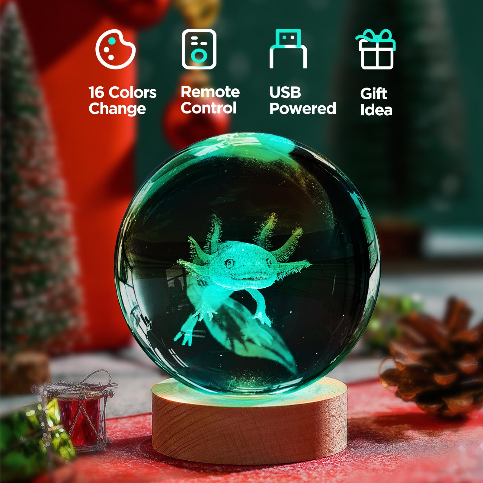 3D Axolotl Crystal Ball Night Light With Led Wooden Base Upgraded 3.15 Inch Glass Ball Lamps With 16 Color And Remote For Birthday Christmas  Cool Axolotl Toy Decor Gifts For Boys Girls Kids