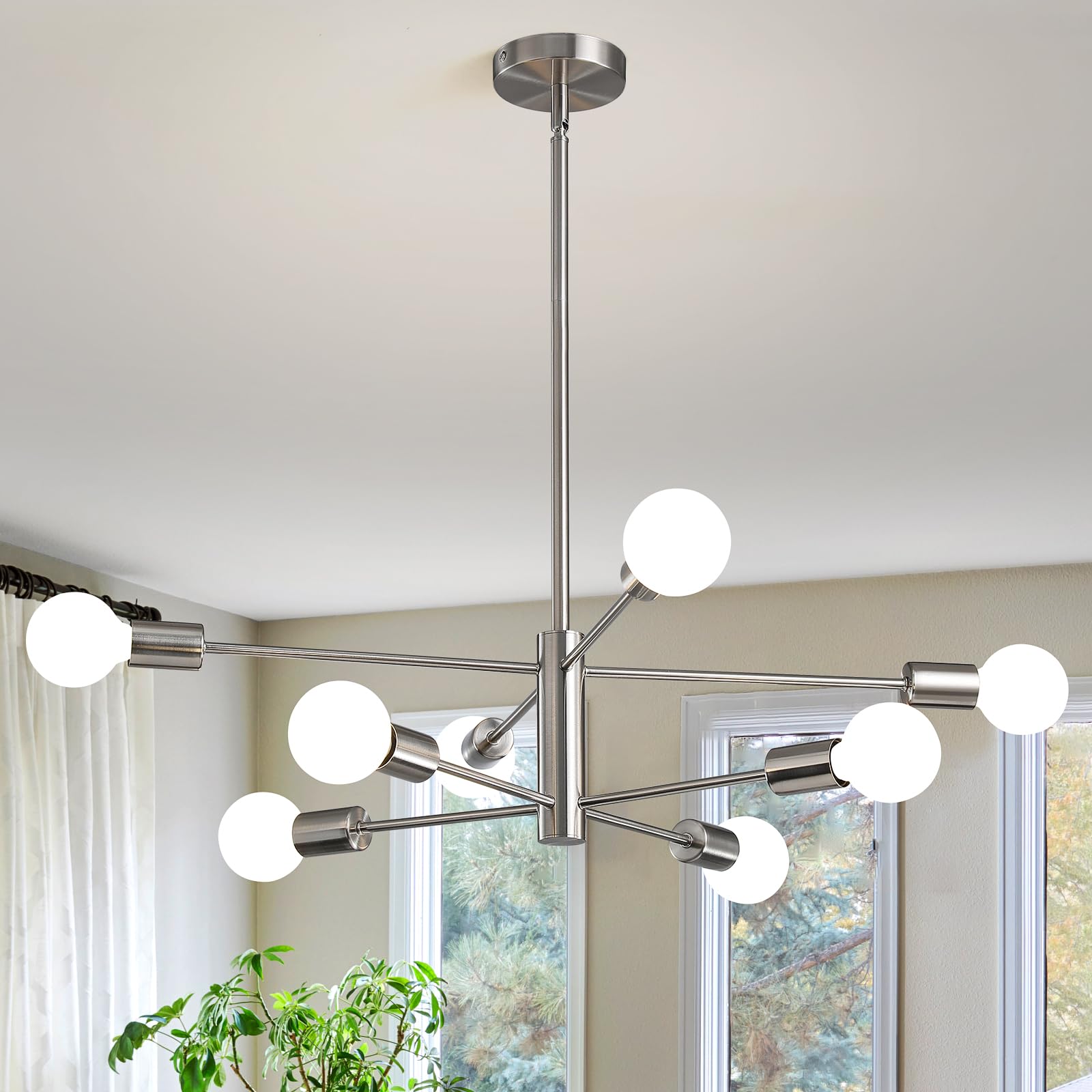 RUIYEY Modern Sputnik Chandeliers Light, 8 Lights Brushed Nickel Dining Room Chandelier Over Table, E26 Mid Century Ceiling Ligh