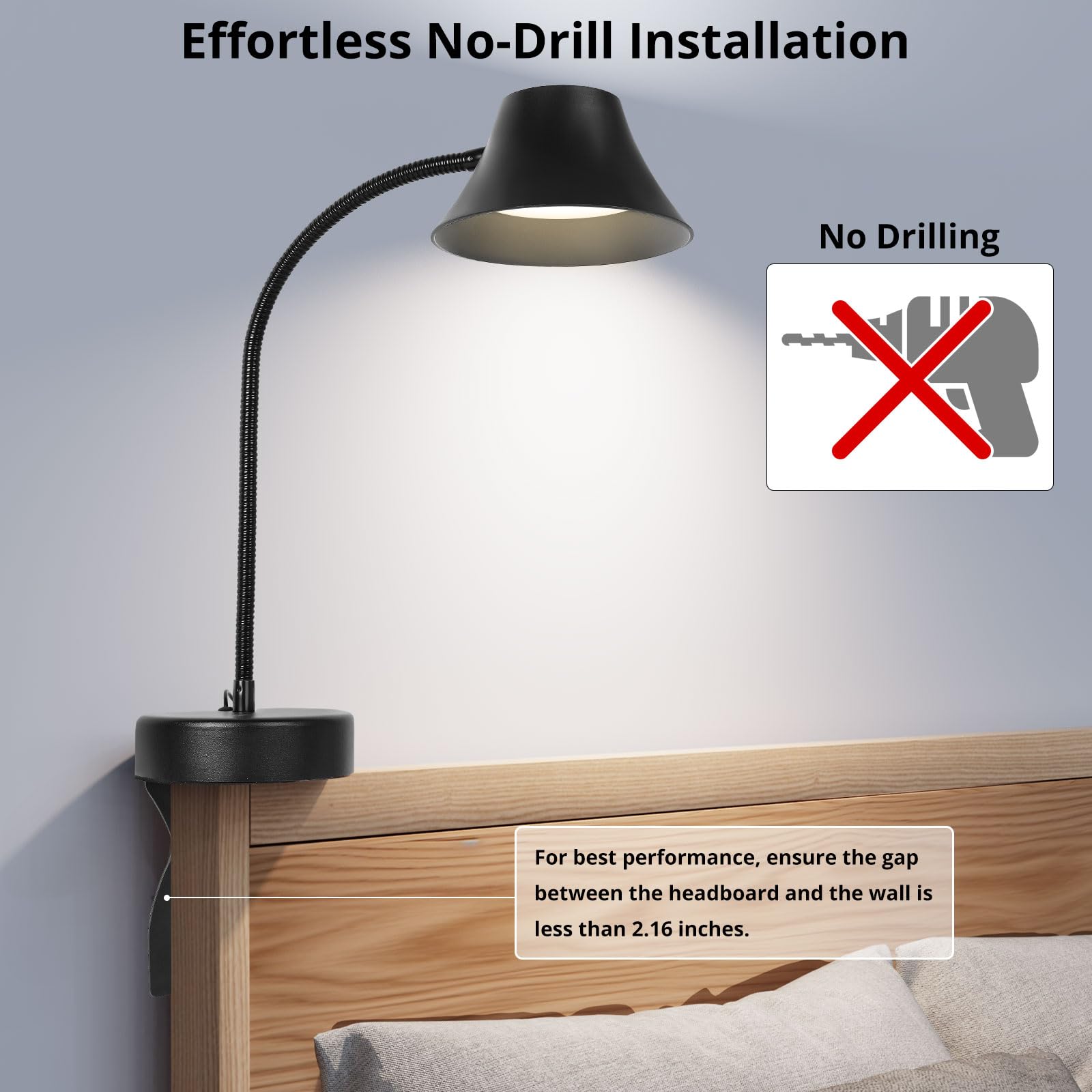 TONYFUL Reading Light for Bed, Eye Care LED Lamp, Flexible Gooseneck, 5 Colors, 10 Brightness Levels, Model HL-DL8010A-18, Black