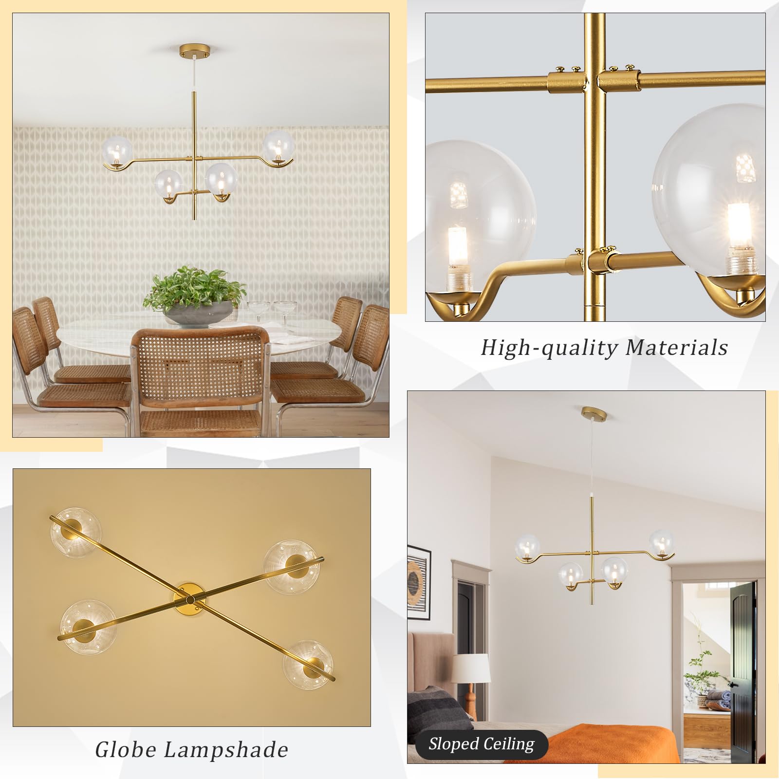 Catiner 4 Lights Gold Sputnik Chandelier, Modern Large L31 '' Mid Century Long Ceiling Pendant Light Fixtures With Clear Glass G