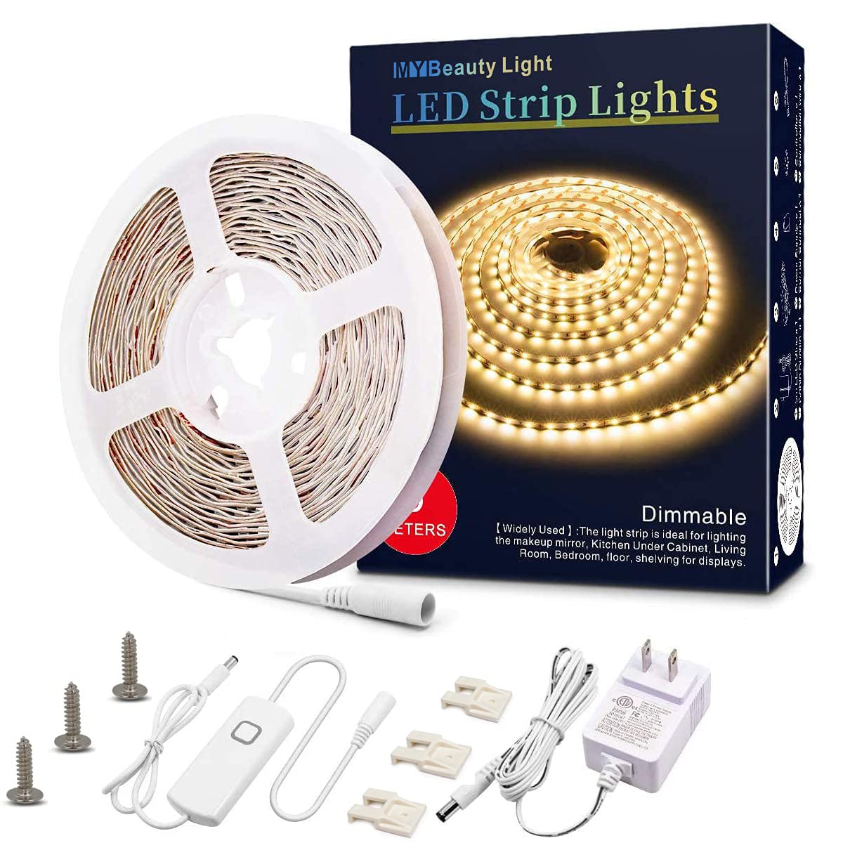 MY BEAUTY LIGHT LED Strip Lights Warm White, 16.4ft Dimmable LED Light Strip,12v Flexible LED Rope Lights Kits for Kitchen Cabin