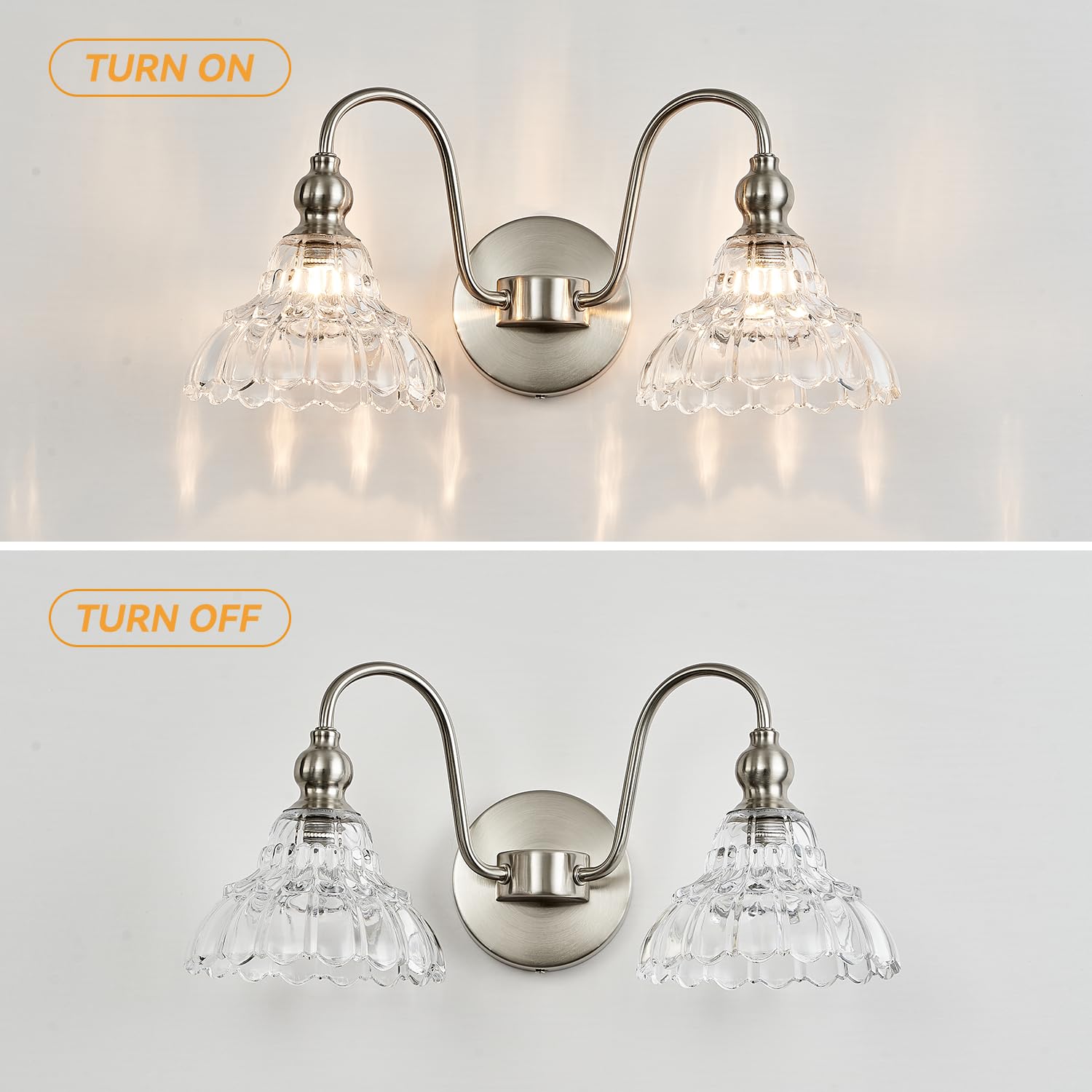TLOLGT 2-Light Bathroom Vanity Light Fixtures, Brushed Nickel, Glass, Model SN66-2, Modern Vintage Wall Sconces for Home Decor