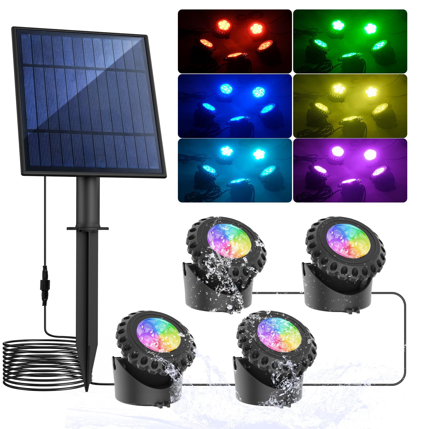 T-Sun Rgb Solar Pond Light - 4 Head Led Underwater Color Changing For Garden Pool Fountain