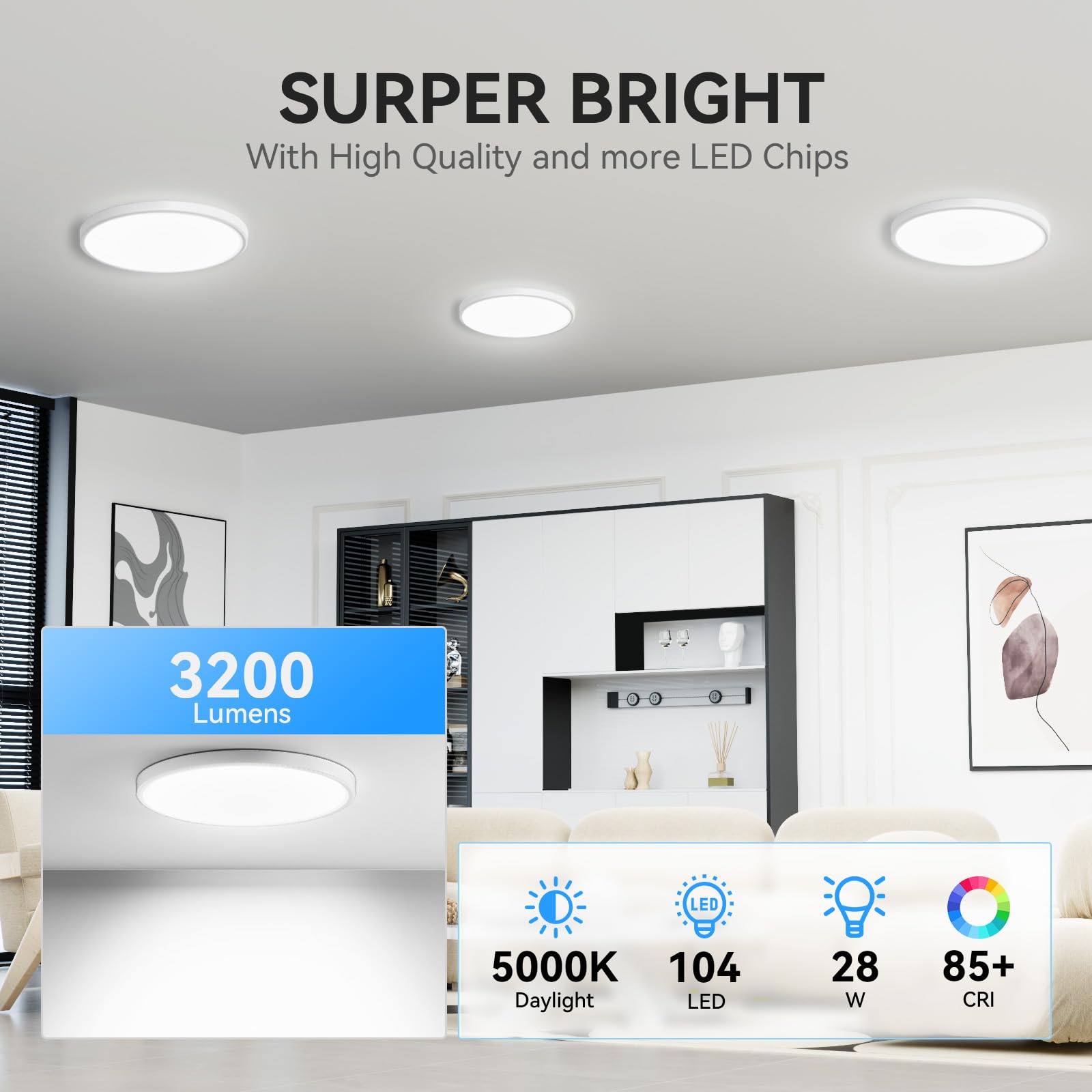 WKONCLDY LED Flush Mount Ceiling Light 3200lm 12 inch Super Slim Two Pack White Model WK-XDD-300-2P-W