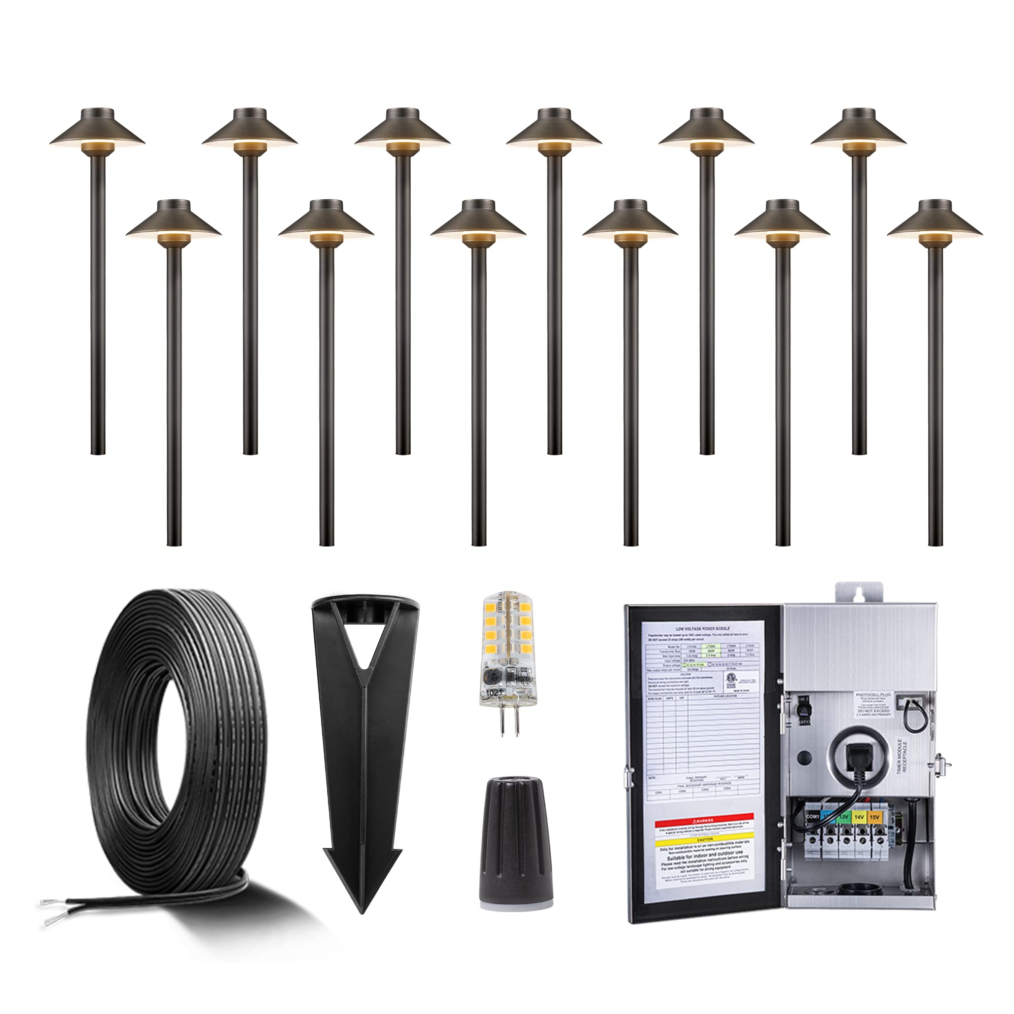 Gardenreet Solid Brass 12V LED Landscape Lighting Kit (12 Pack Path Lights) with 300W Low Voltage Transformer and Mechanical Tim