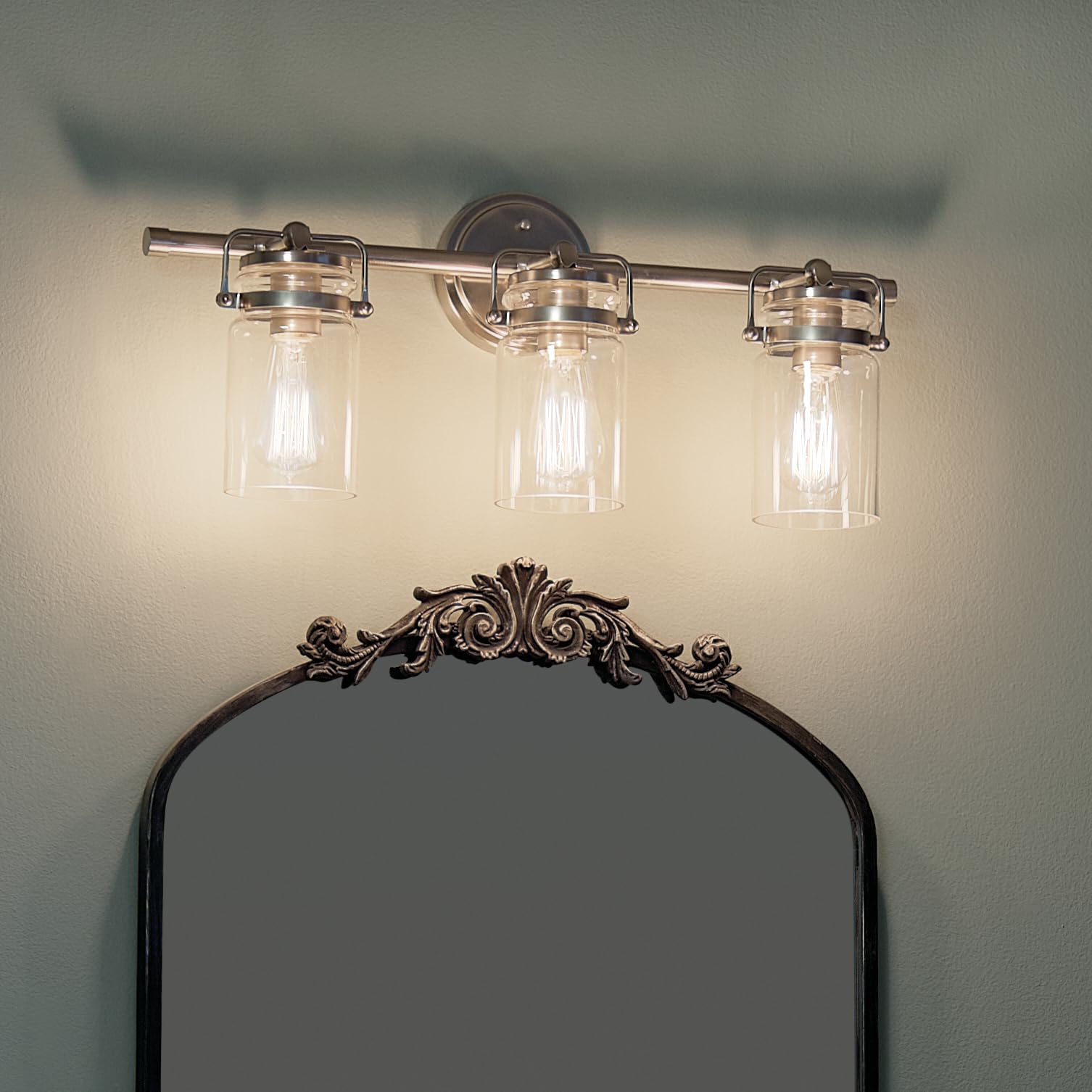 Kichler Brinley 24" 3-Light Vanity Light, Brushed Nickel, Clear Glass, Model 45689NI, Farmhouse Style