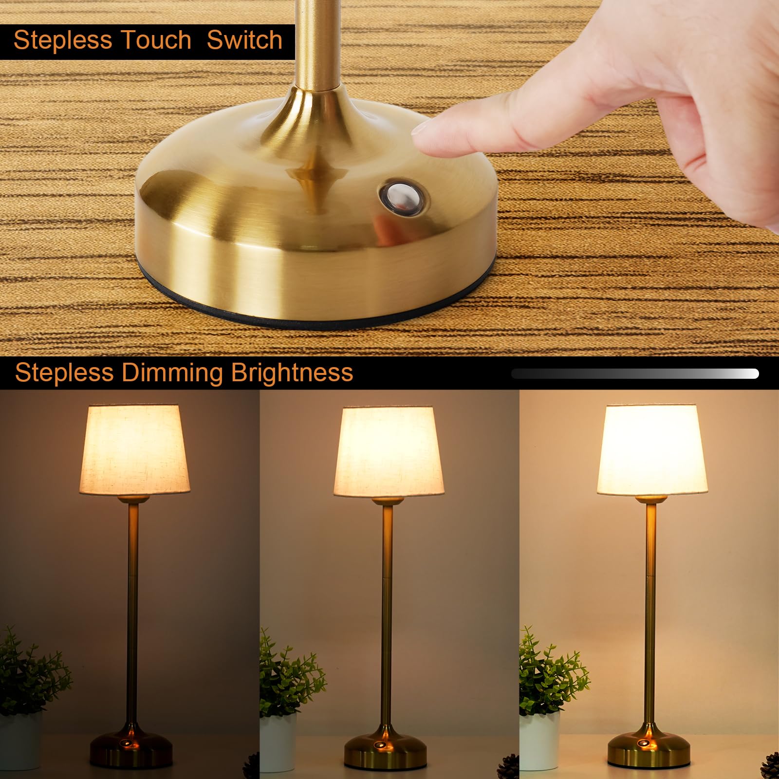 YAYZA! Cordless Table Lamp, Adjustable Height, 7500mAh Rechargeable LED, Fabric Shade, 3 Color Temperatures, High Gold - 2 Pack, Model FWTL