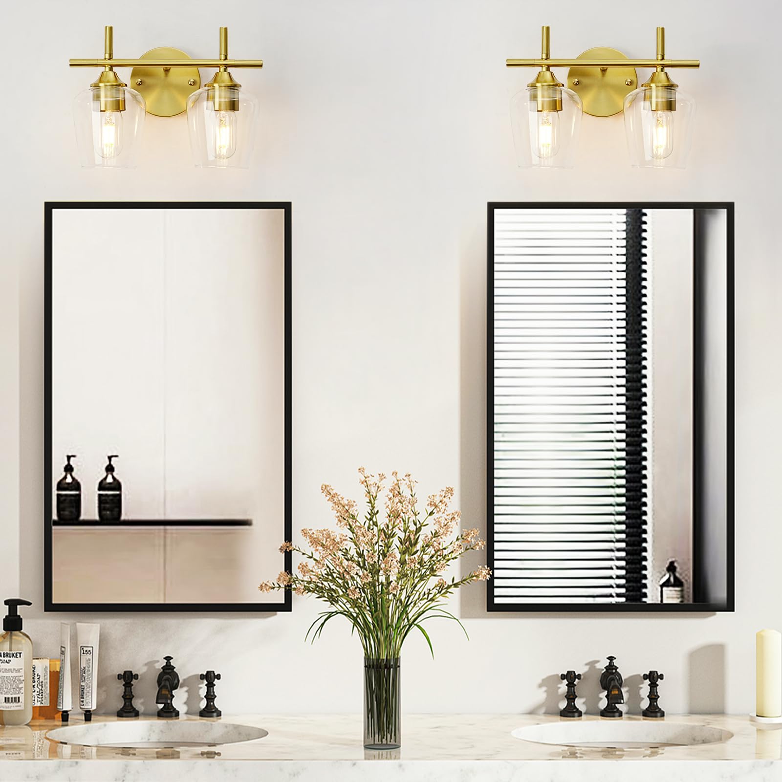 foucasal Bathroom Light Fixture 2-Light Gold Vanity Light, Clear Glass Shade, Brushed Brass, Model ULB0046H-2TONG
