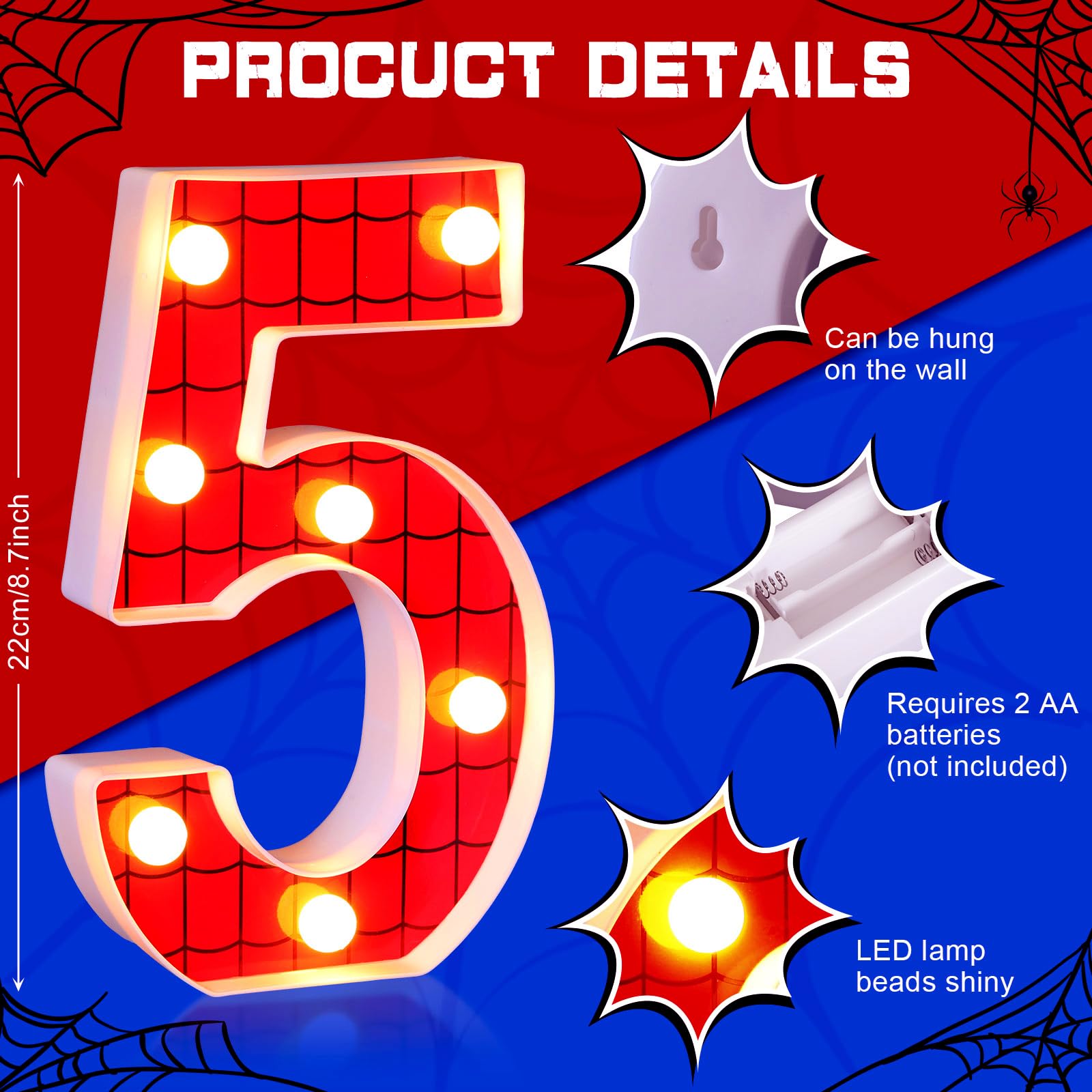 VIHOSE Spider LED Number Lights for Birthday Party - Number 5, 8.7" x 1.8", Polypropylene, as shown, Model ANB-VIHOSE-185