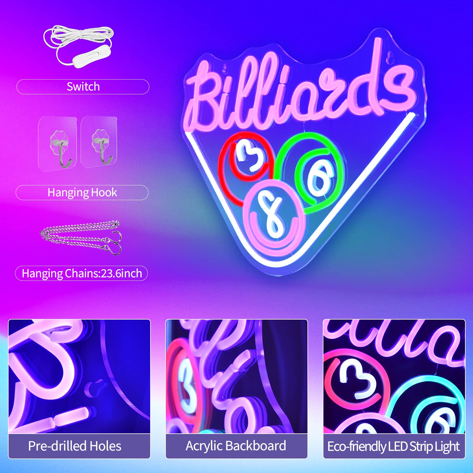 JEDAEMEN Billiards Neon Sign LED Wall Decor Medium Acrylic Purple Model 018 USB Powered