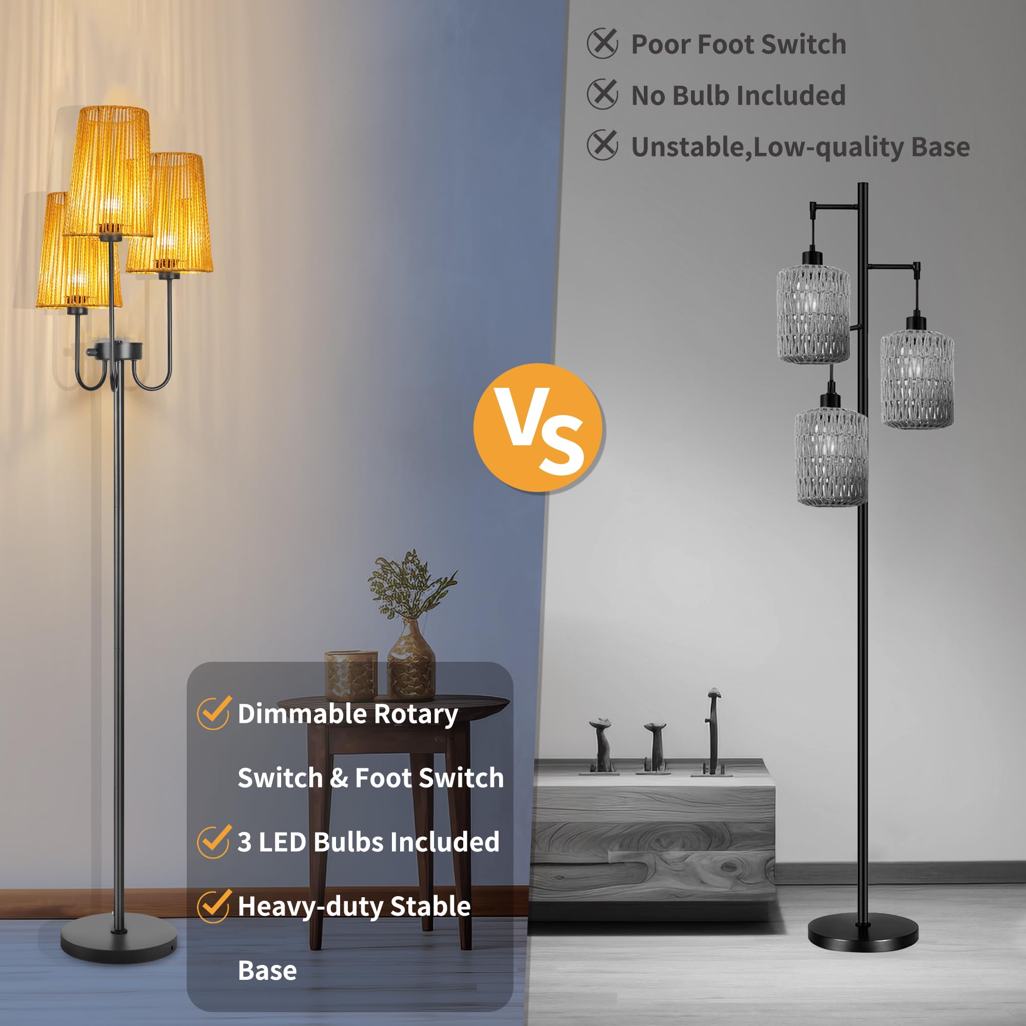 Mkpaei Boho Floor Lamp, Dimmable Farmhouse Floor Lamp With 3 Elegant Rattan Cage Shade And 7W Led Bulbs, 65'' Rustic Tree Tall L