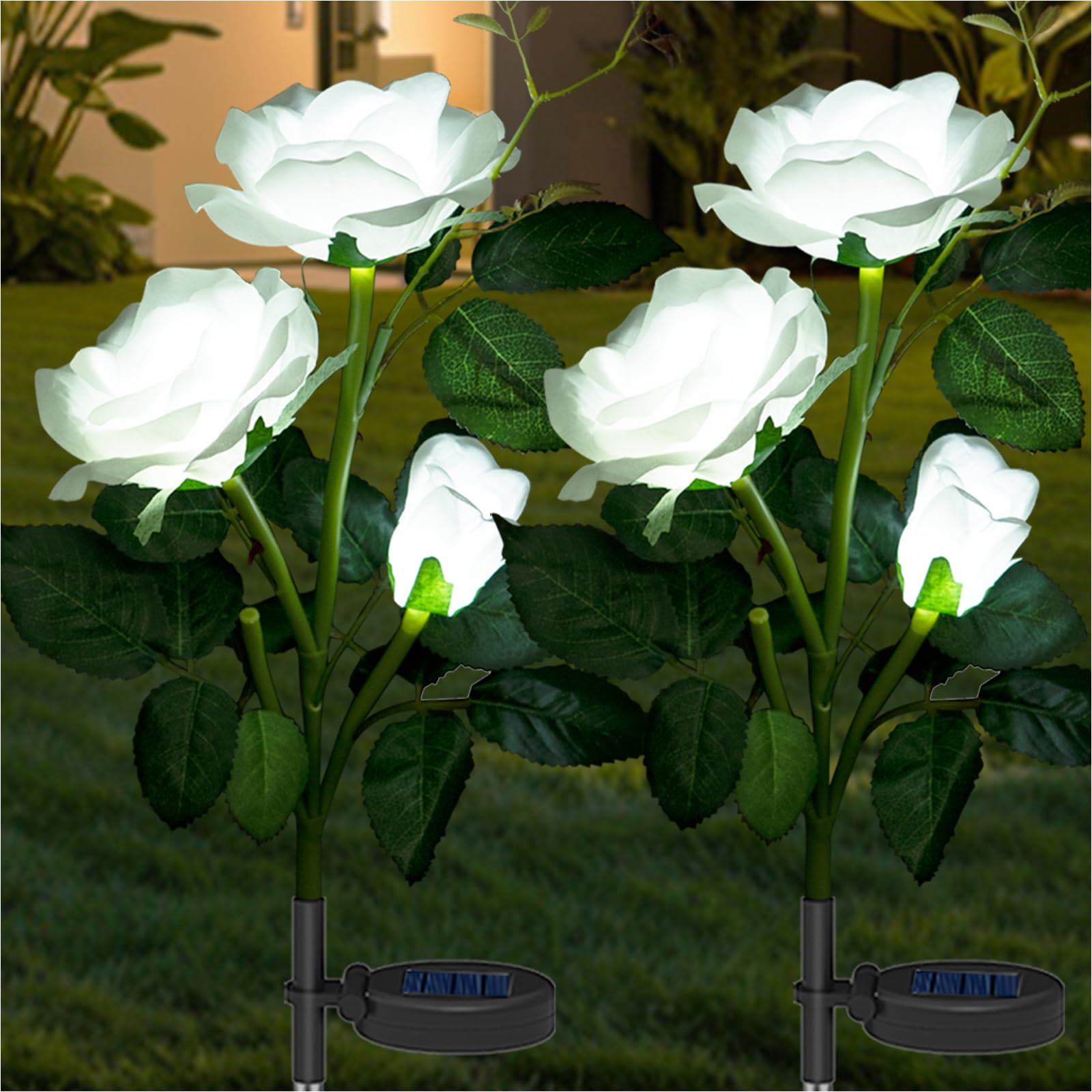 Anordsem Solar Garden Lights, 2 Pack LED White Rose Flowers, Waterproof Outdoor Decor