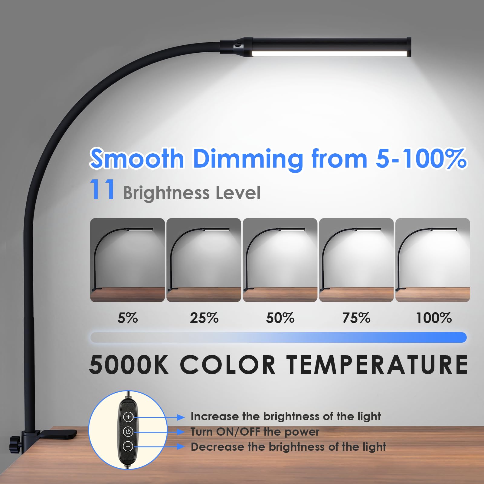 Shinetech Led Desk Lamp With Clamp, 5000K Daylight White 11 Brightness Level Eye-Caring Clip Lights For Home Office, Flexible Go