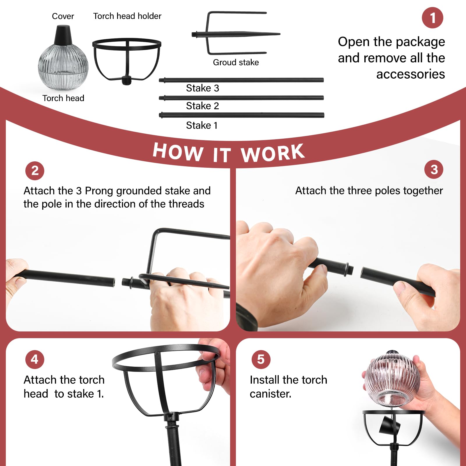 Falbawr Citronella Torches Set Of 4 - 16 Oz Glass Outdoor Lanterns With 3-Prong Stake,