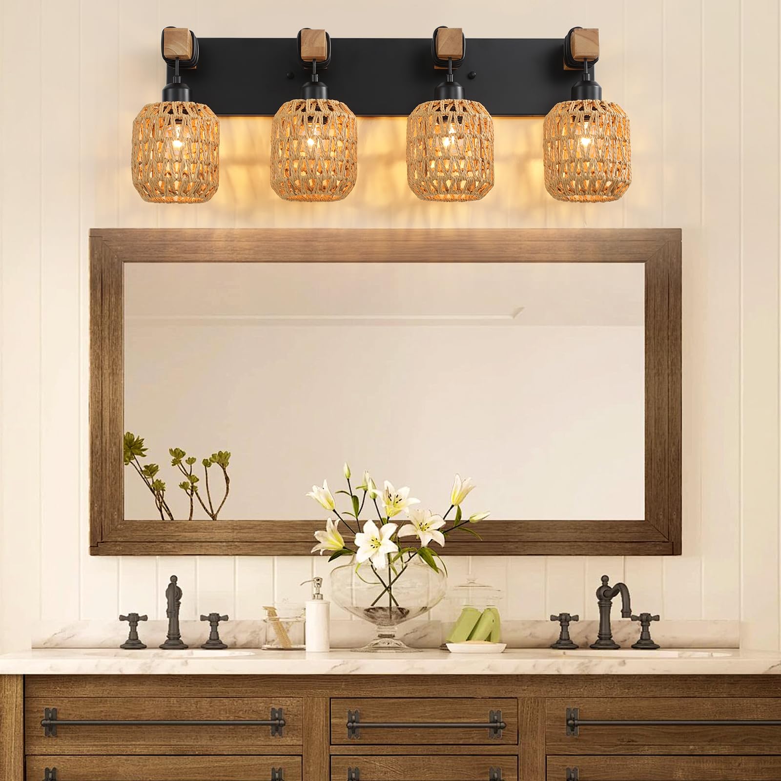 4 Light Bathroom Vanity Light Fixtures,Rustic Style Wood Bathroom Wall Sconce, With Boho Wicker Lampshade,Suitable For Bedroom, Hallway, And Living Room,Rattan Black Farmhouse Wall Sconce
