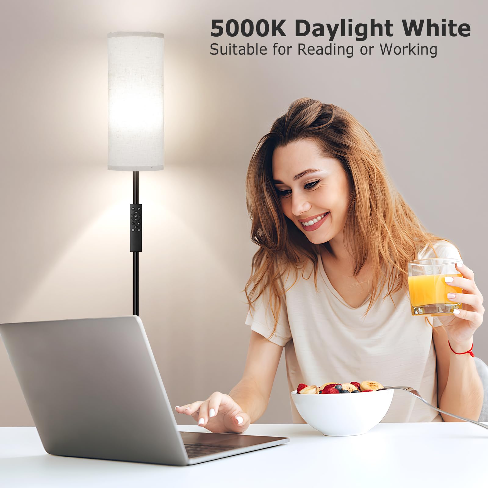 Ambimall 64'' Floor Lamps For Living Room With Remote Control And Stepless Dimmable Colors Temperature & Brightness, 9W Bulb Included(Beige Lampshade & Black Pole)