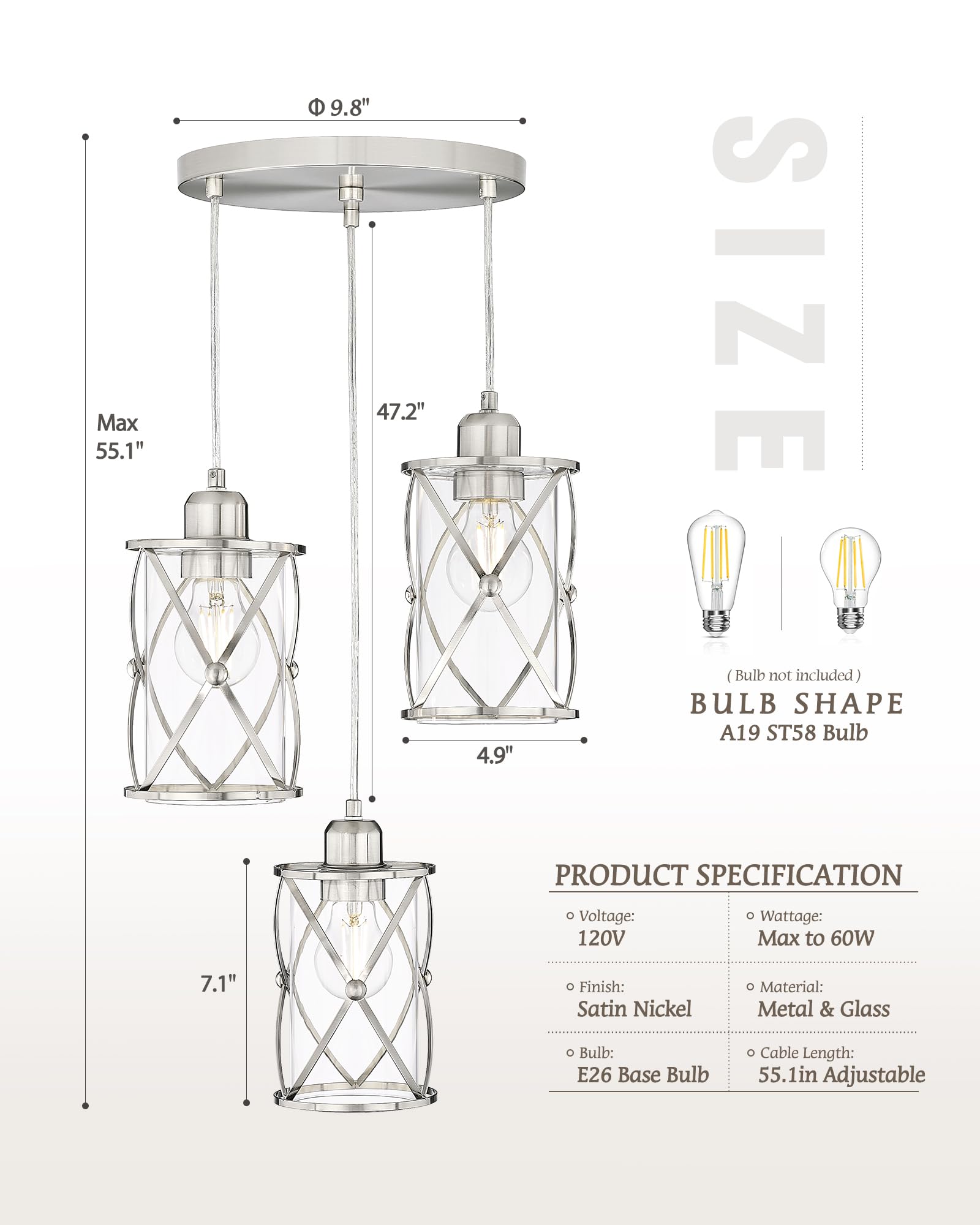 Osimir 3-Light Brushed Nickel Chandelier With Clear Glass For Dining Room & Kitchen Island