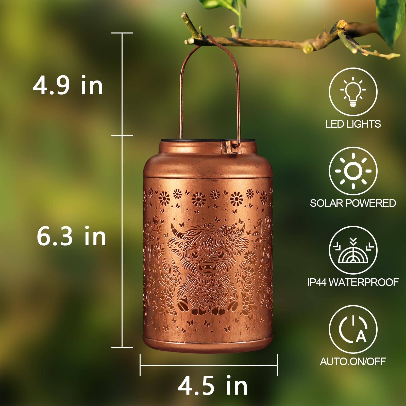 Solar Lanterns Outdoor Waterproof Garden Decor Birthday Gifts For Women Mom Grandma Hanging Solar Lights Metal Decoration Outside For Yard  Patio (Highland Cattle)