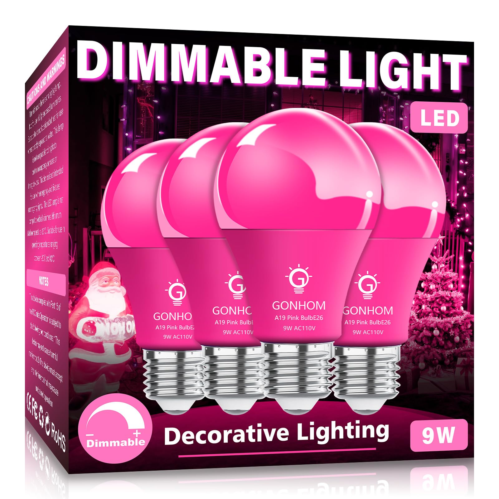Gonhom 4 Pack A19 LED Pink Light Bulb,9W Equivalent 100W Christmas Colored Light Bulbs,E26 Base Pink LED Lights for St.Patrick's Day,Thanksgiving Day,Party Decor,Holiday Lighting,Decorative Lighting