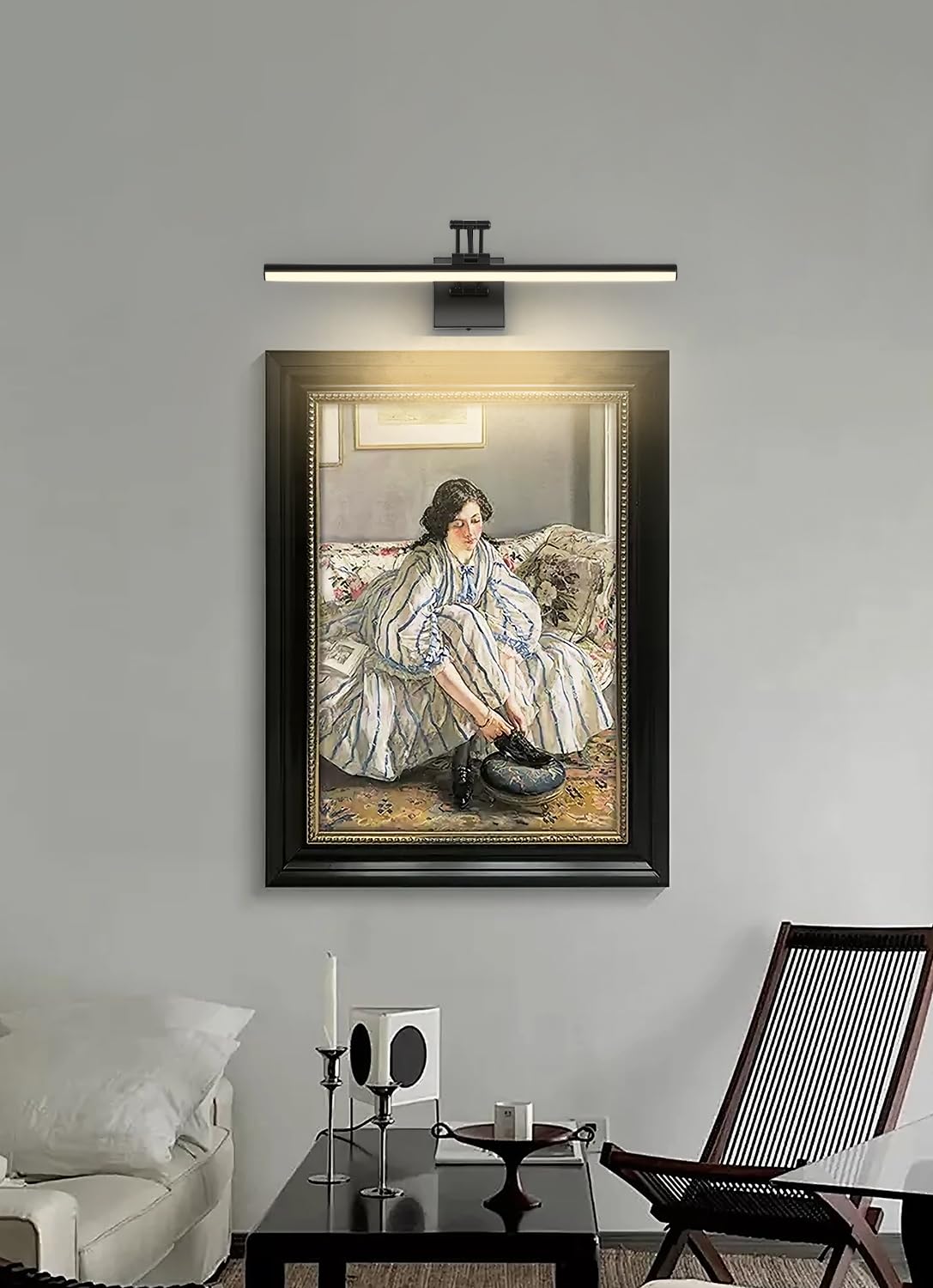 Joossnwell Picture Light 23.62" Dimmable Metal Art Light, Hard-Wired Black, Adjustable Swing Arm for Painting, Library, Museum