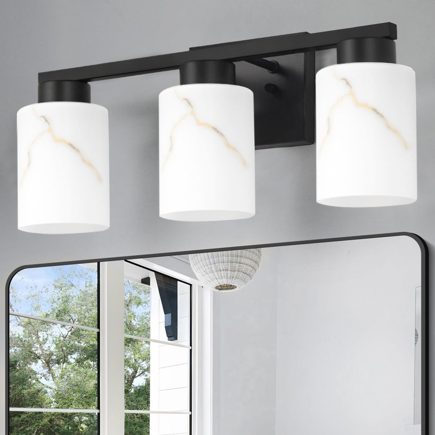 Mieloxiy 3-Light Bathroom Light Fixtures  Modern Vanity Lights  Black Metal Wall Lamp with Handcrafted Art Glass for Bathroom  Mirror  Living Room  Bedroom  Cabinet  Porch  Hallway  E26 Base