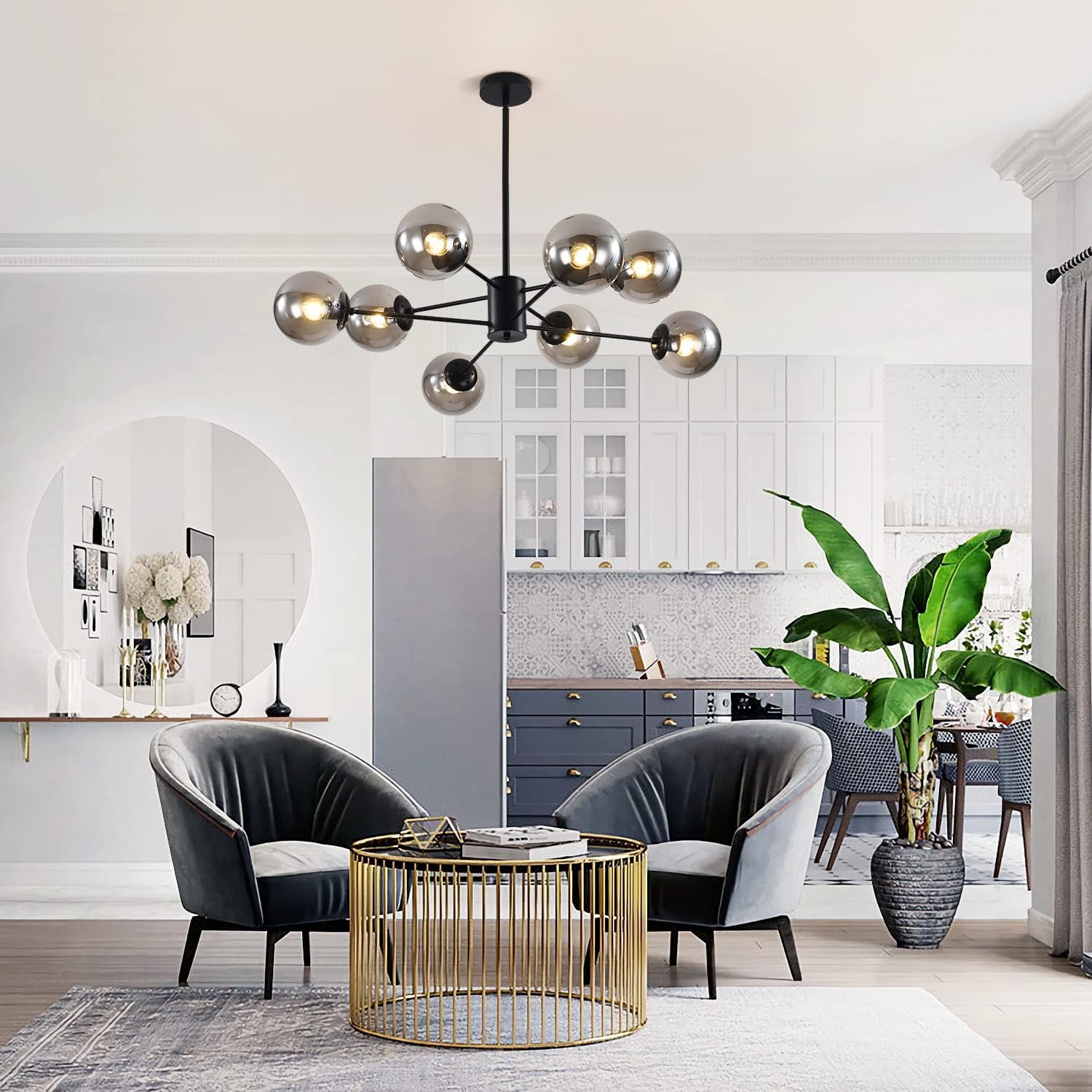 KCO Modern Glass Globe Sputnik Chandelier 8-Light Black+Smoke Grey L1085-8-BS Farmhouse Industrial Pendant Light Fixture