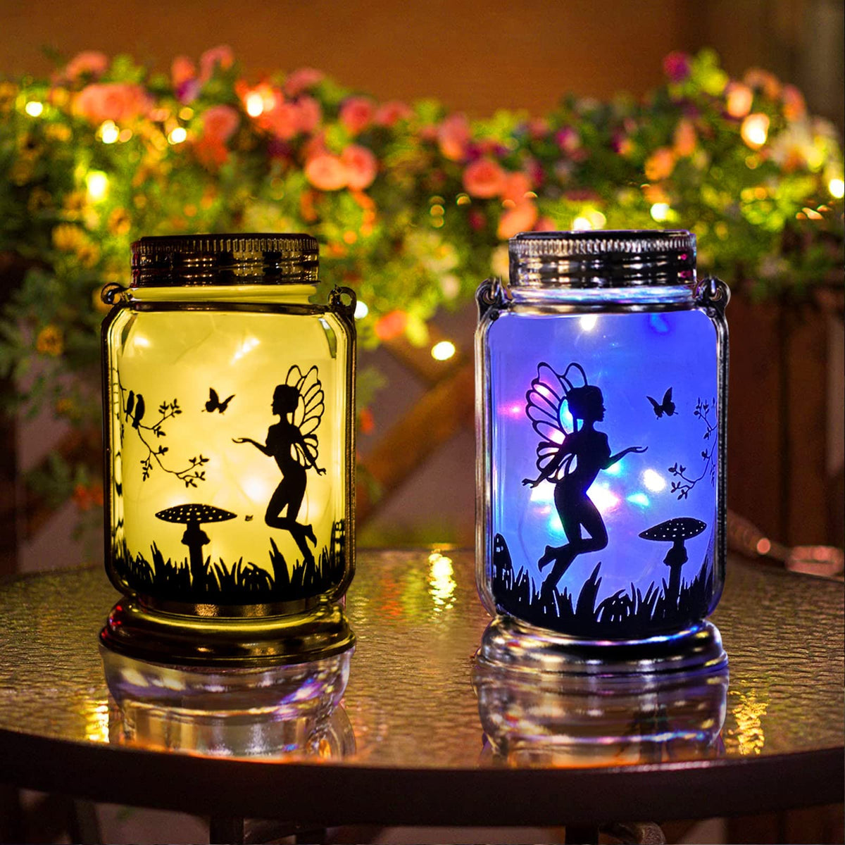 Angmln Romantic Rose In Glass Mason Jar Solar Powered - 2 Pack Enchanted Rose Gift For Her Light Up In Glass Lantern, Valentine'