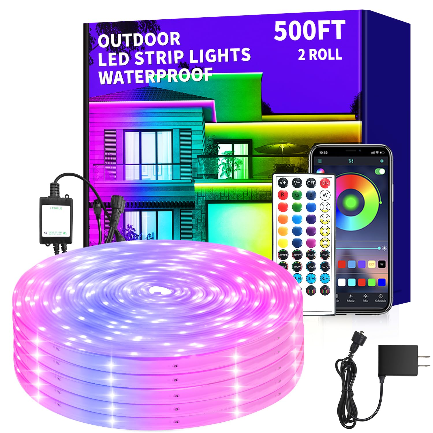 vimeepro LED Strip Lights 500ft Waterproof RGB Color Changing with App/Remote Control, Music Sync, 2 Rolls of 250ft