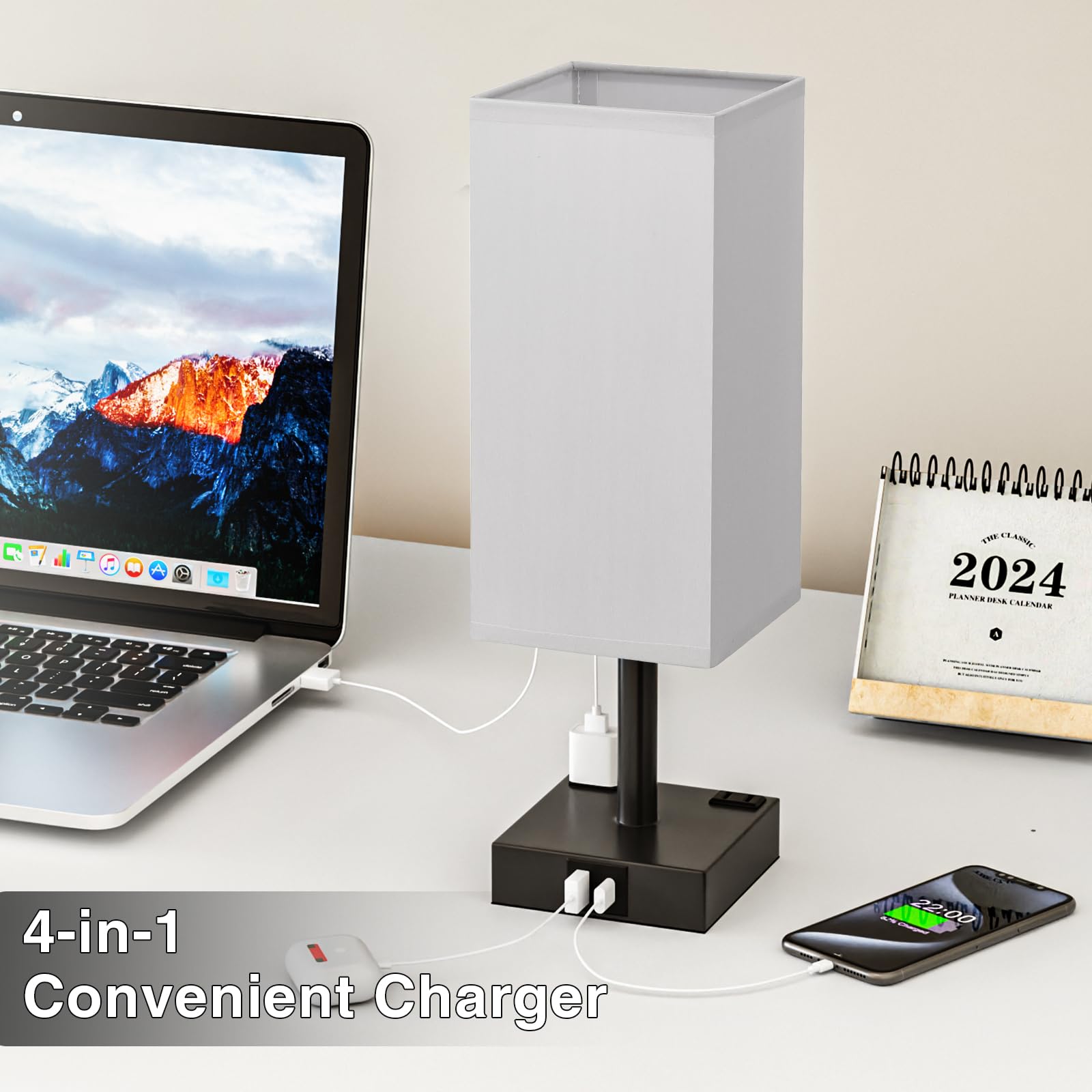 Touch Bedside Table Lamp For Nightstand - 3-Way Dimmable Night Lamp With Usb A + Type C Charging Ports And Two Ac Outlets, Small