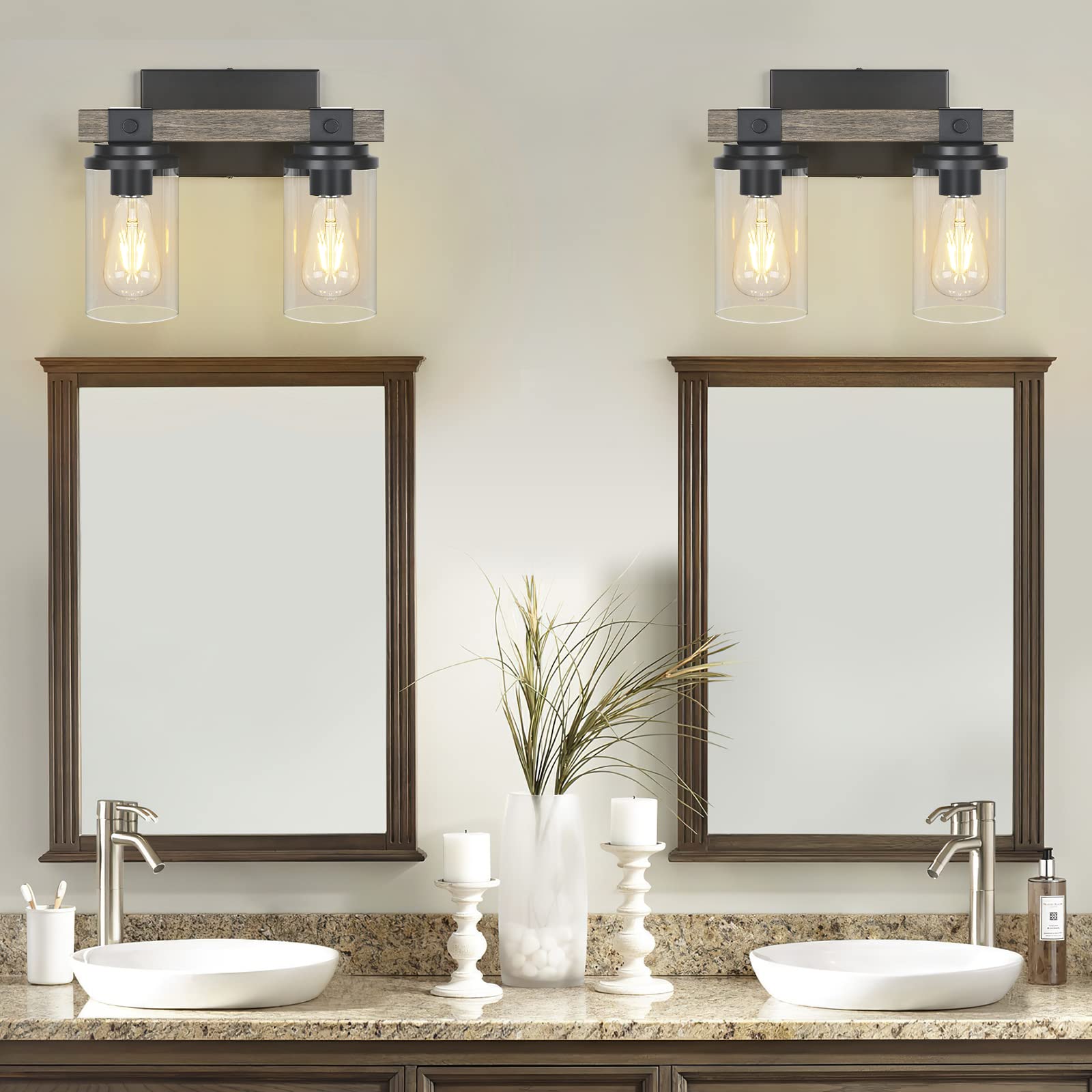GoYeel 2-Light Wooden Wall Sconce - Rustic Bathroom Light Fixture with Clear Glass Shade, Industrial Wood Design for Hallway & Bedroom
