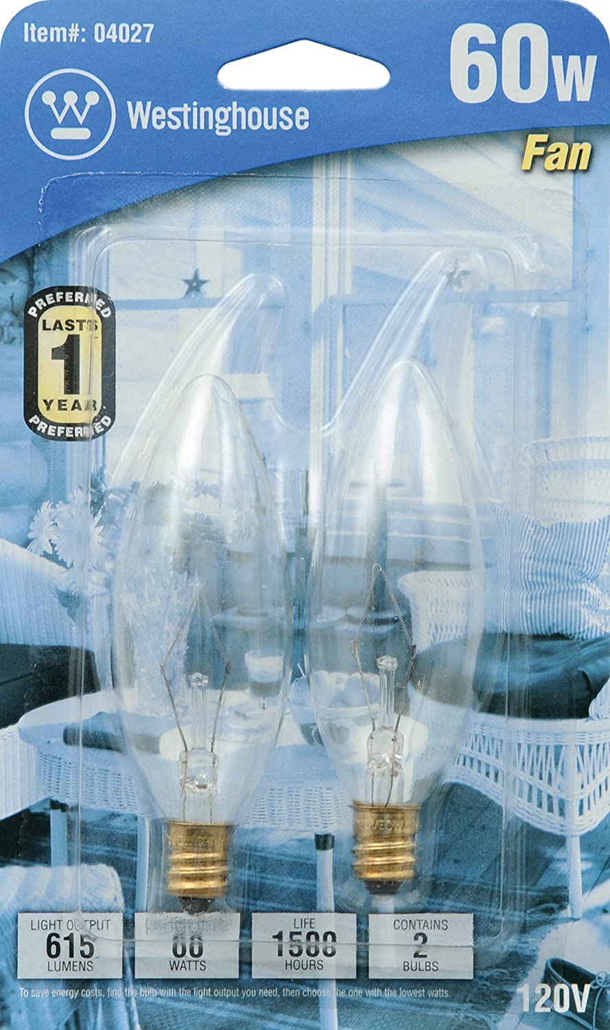 Westinghouse 4027 60-Watt, B10 Decorative Ceiling Fan Bulb, Candelabra Base, Clear, 2-Pack