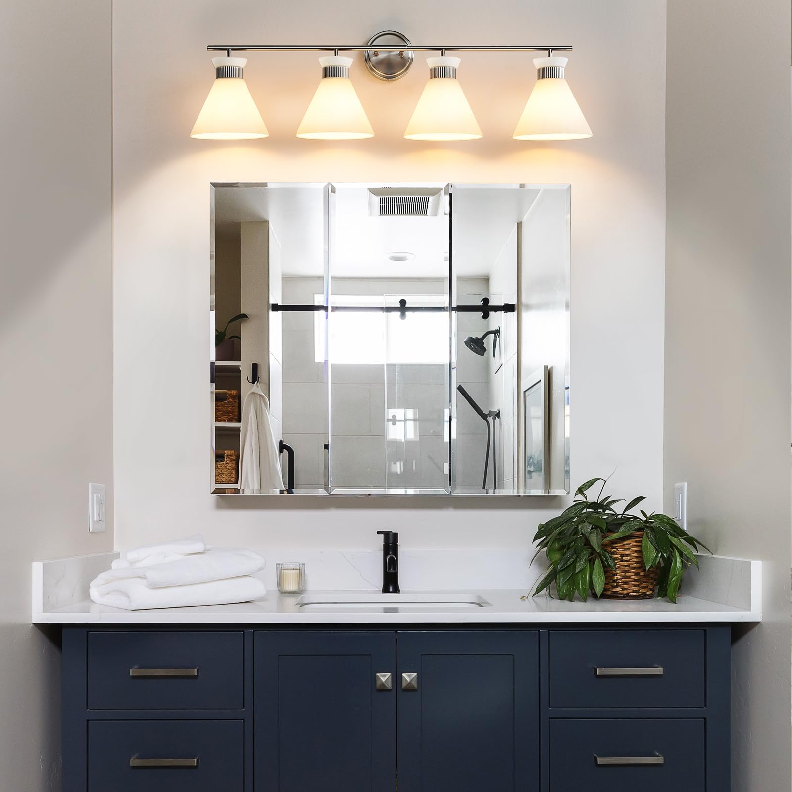 Woshitu Bathroom Light Fixtures: Brushed Nickel 4 Lights Bathroom Vanity Lights Over Mirror With Milky White Frosted Glass Shade  36 Inch Farmhouse Vanity Lighting Sconce (Exclude E26 Bulb)