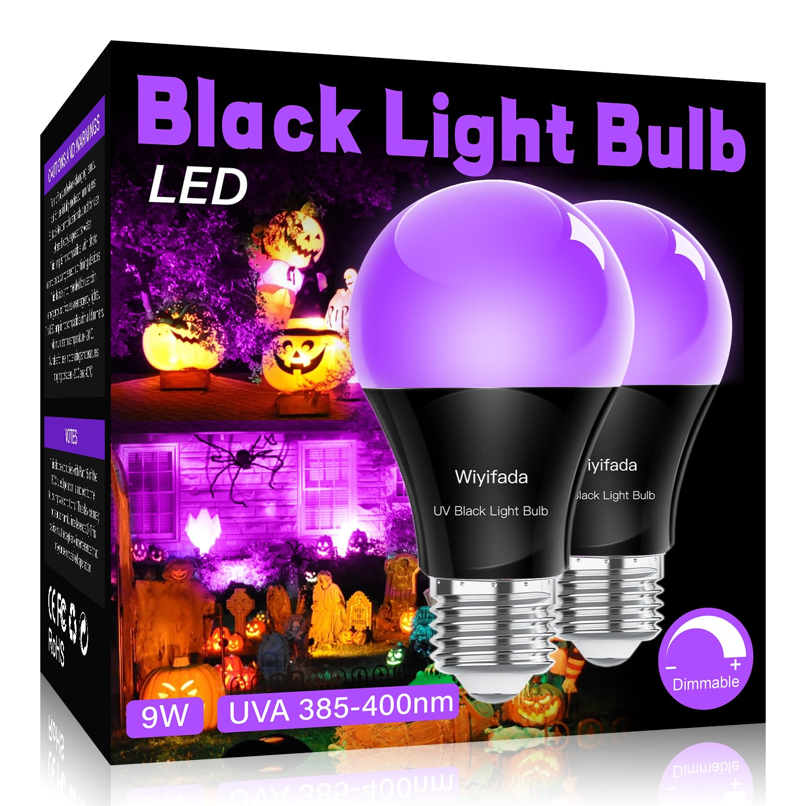 Wiyifada 10W Dimmable Led Black Light Bulbs 2 Pack, E26 Base, Glow In Dark For Parties