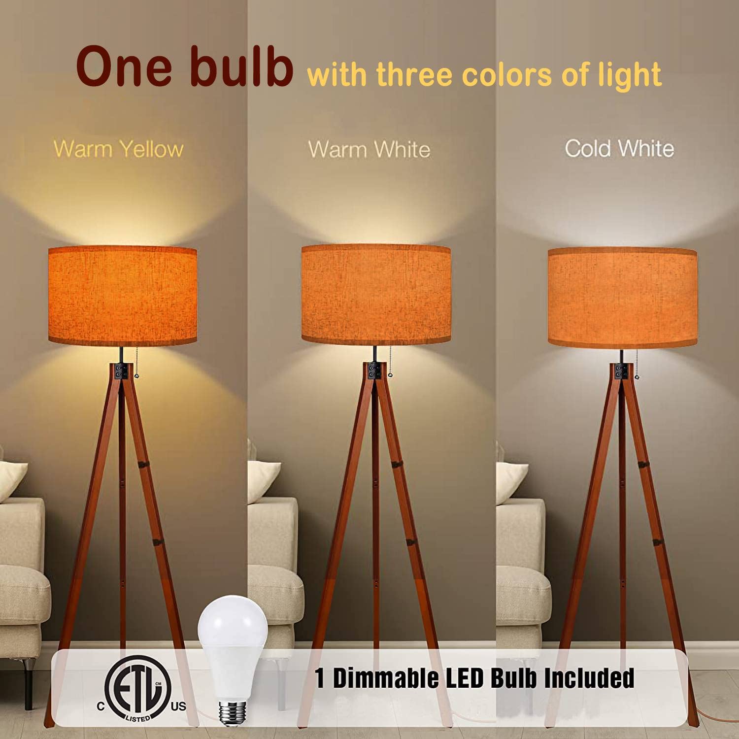 Baistsaeler Wood Tripod Floor Lamp Golden Orange Colored Blurred Modern Standing Lamp Linen Lampshade Dimmable Tall Lamp Mid Cen