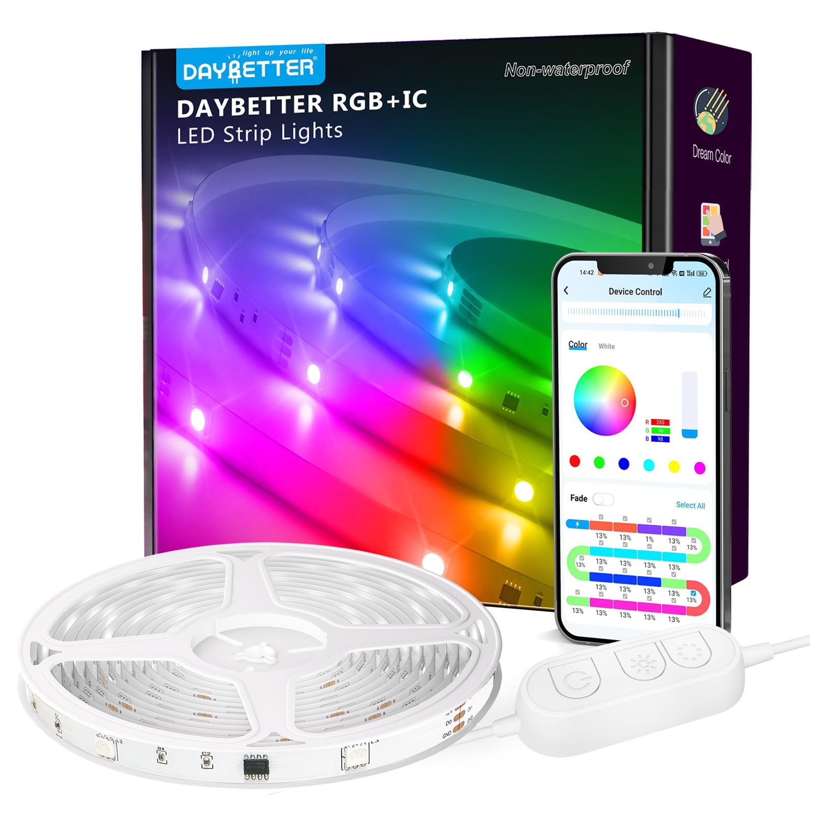 DAYBETTER Smart IC LED Strip Lights, Color Changing, 65.6FT, BGRIC, App Control, Music Sync, Model TC80112020H-JH01