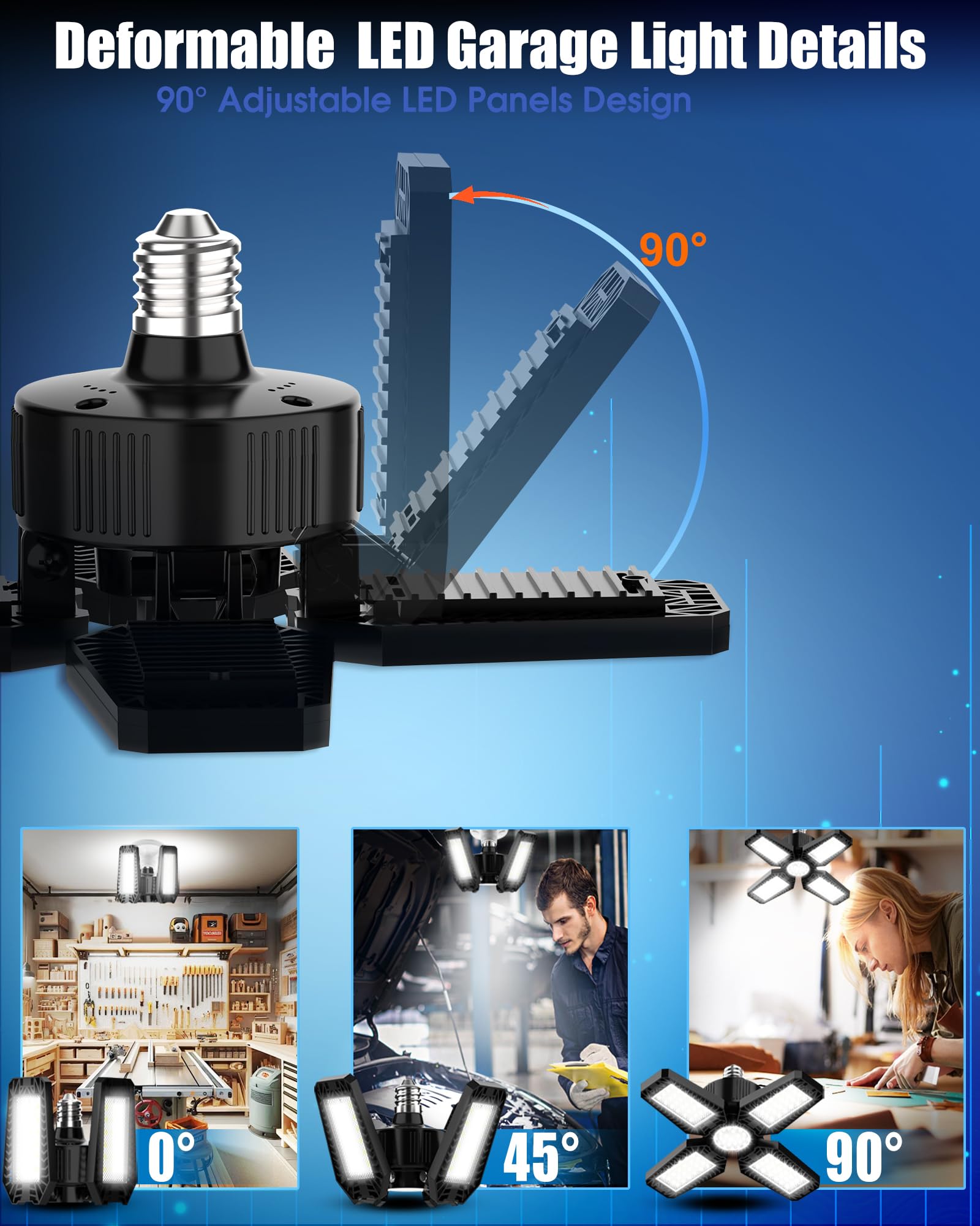 Hapylumi Garage Light 2 Pack - 120W 12000Lm 6500K Led Garage Lights, Screw In Garage Lights Ceiling Led With 4+1 Deformable Pane