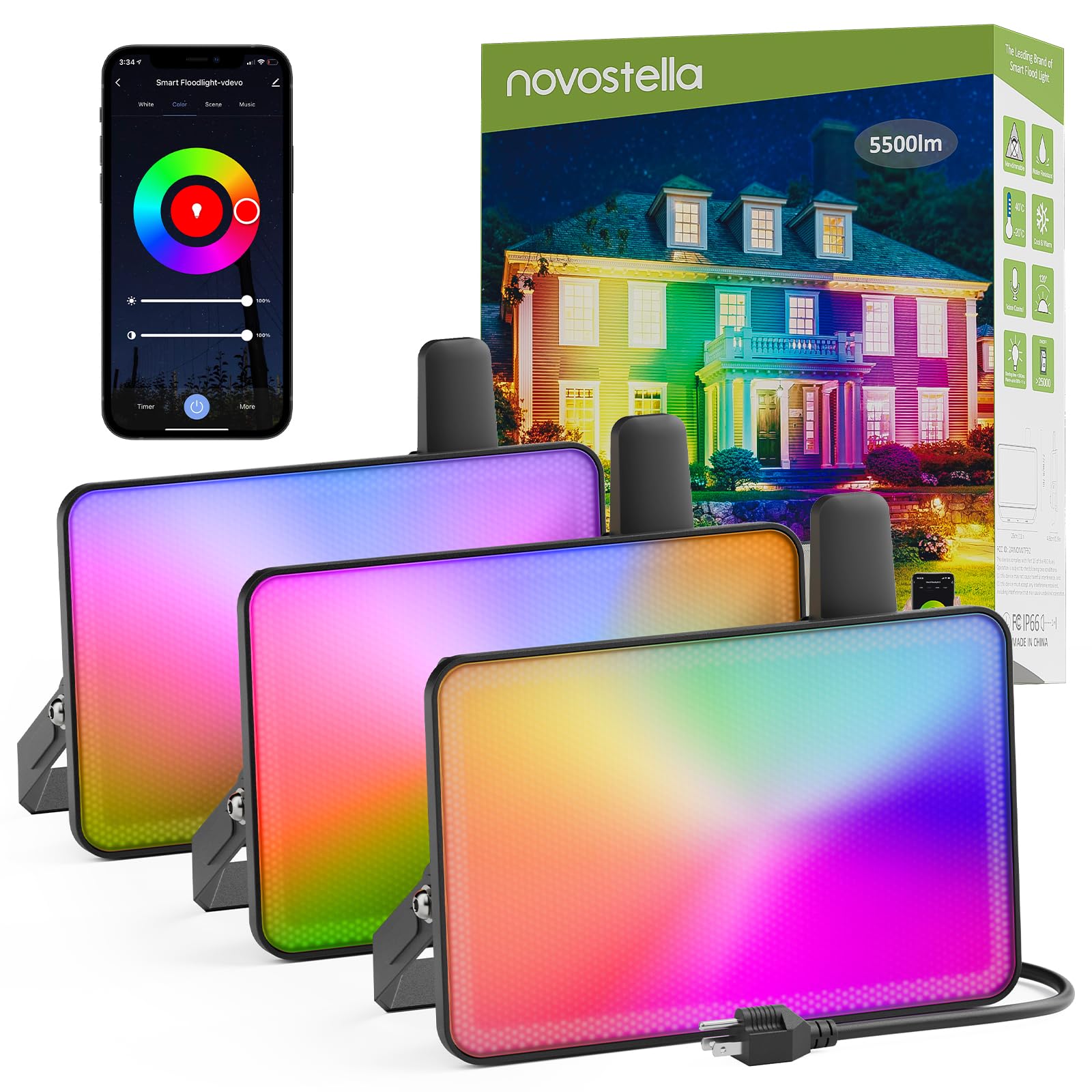 NOVOSTELLA Smart RGB Flood Lights Outdoor 60W Tunable White, Color Changing Landscape Halloween Floodlights, IP66 Waterproof, Gr