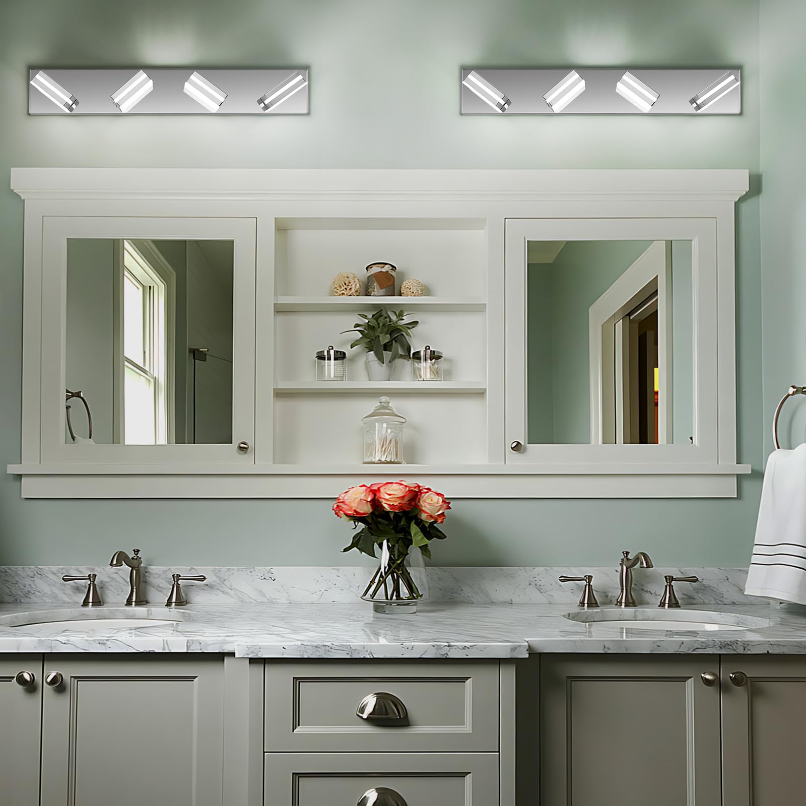 JZEKVN Modern LED Bathroom Vanity Lights, 4-Light Stainless Steel Chrome, 27.17" Acrylic Wall Fixture, Model 202541006, 6000K