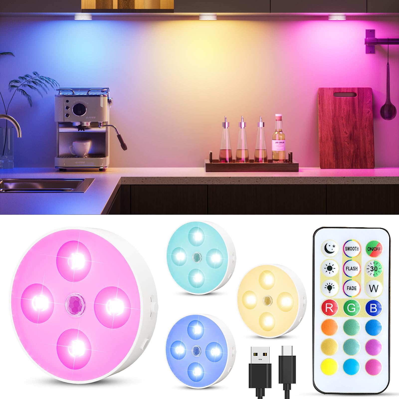 HOMEBEST Puck Lights with Remote, Rechargeable, 1500mAh, 13 RGB Colors, Dimmable, Magnetic, 4 Pack, Plastic