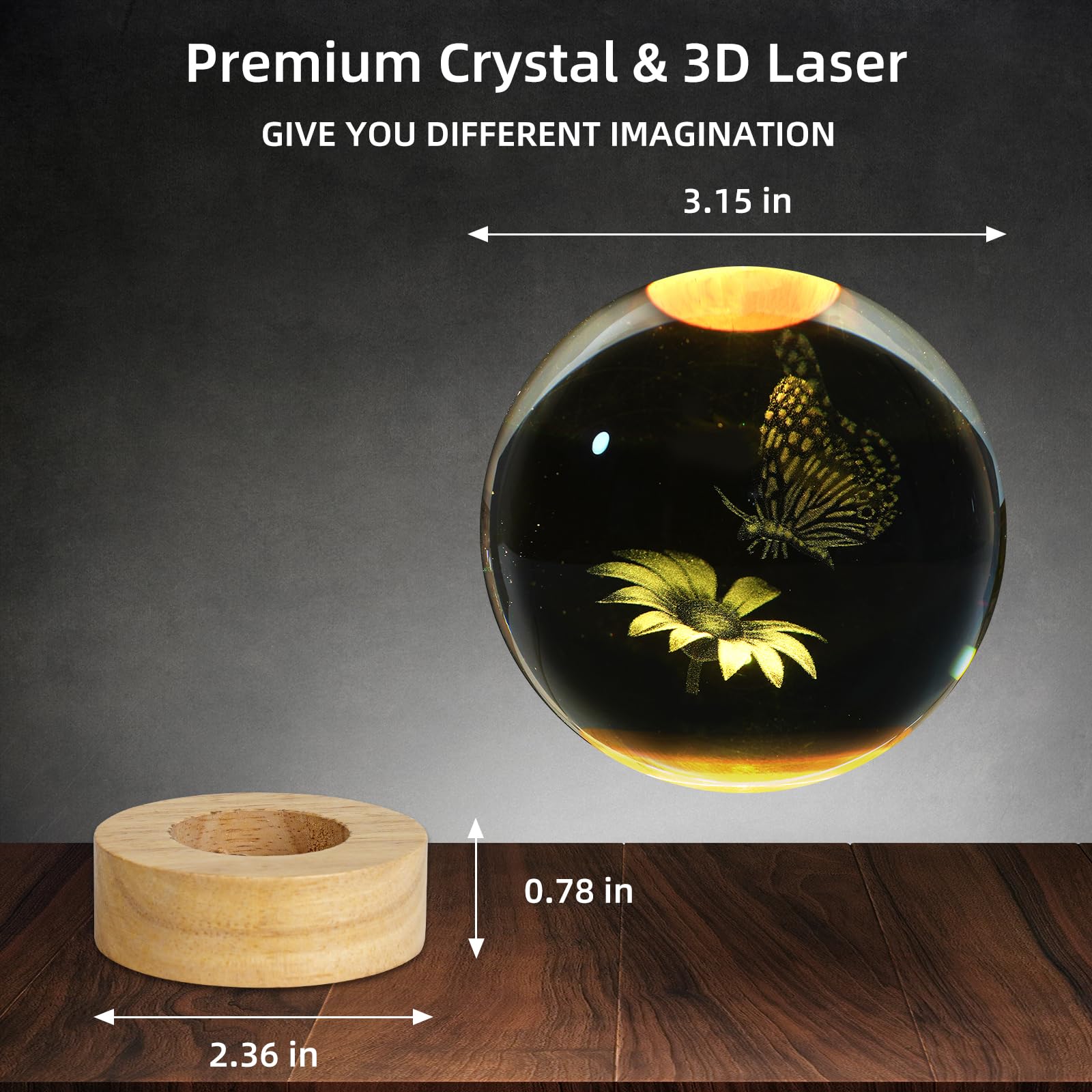 Zxblaq 3D Butterfly Crystal Ball Night Light, Upgraded 3.15 Inch Glass Ball Lamp With 16 Color Led Wooden Base, Butterfly Lamp B