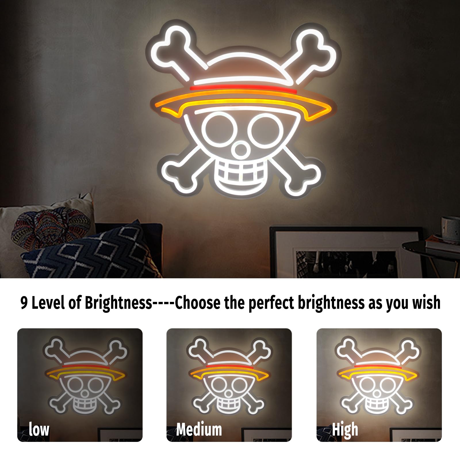 ADS JIE One Piece Neon Sign Lamp - Anime Skull, USB Powered, 11.7inx10.6in, Plastic, New One Piece Skull, Model AD066