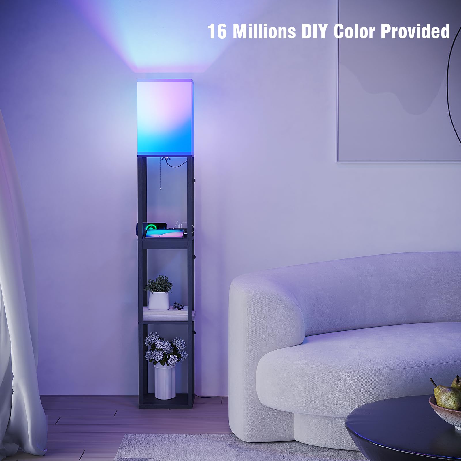 Sunmory Floor Lamp With Shelves, Rgb Light Dimmable Standing Lamp With App Control, Tall Shelf Lamp For Living Room And Bedroom,