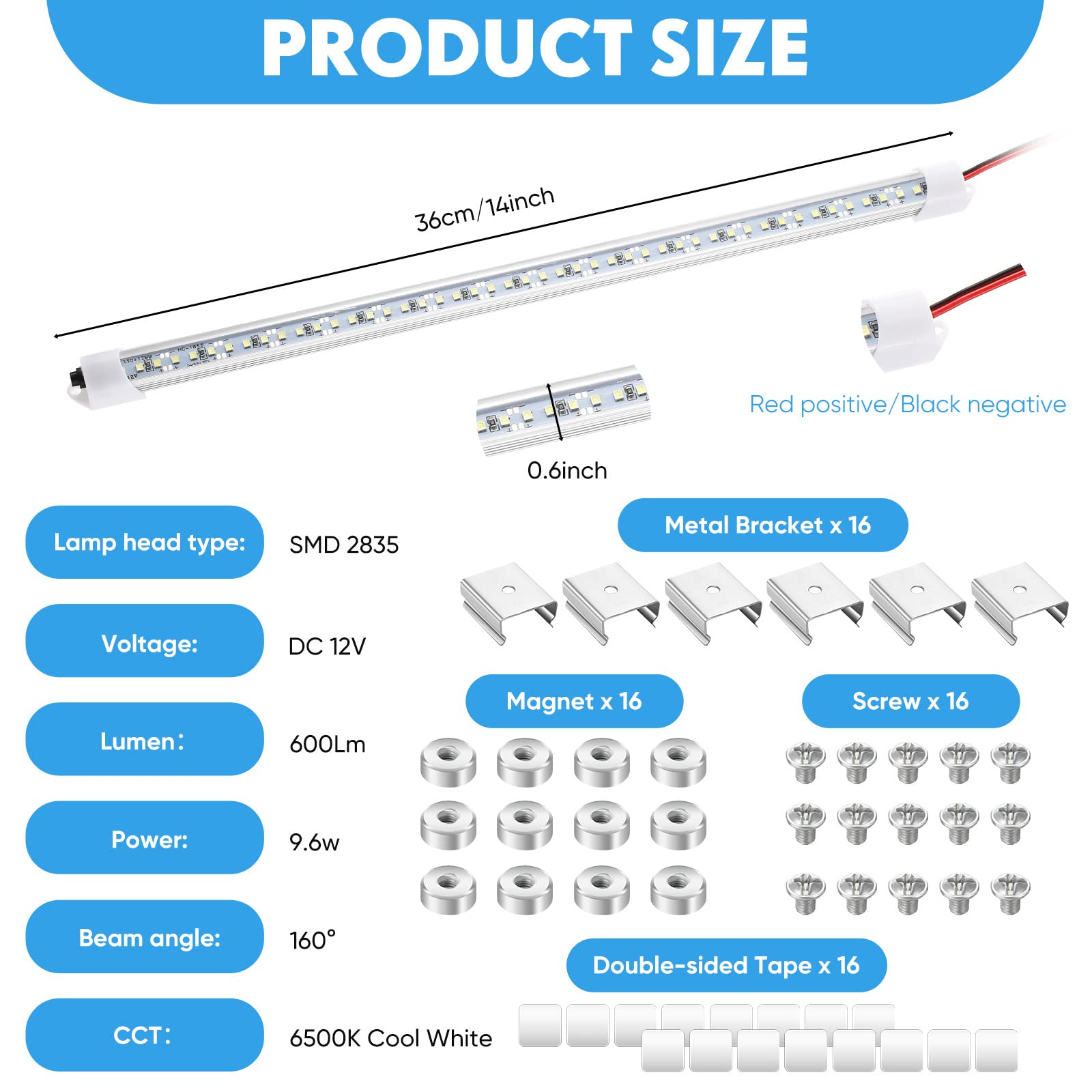 Funtery 8 Pcs 12V LED Light Bar - White Interior Lighting with Switch & Magnets for Cars, Trucks, Vans, and Indoor Use