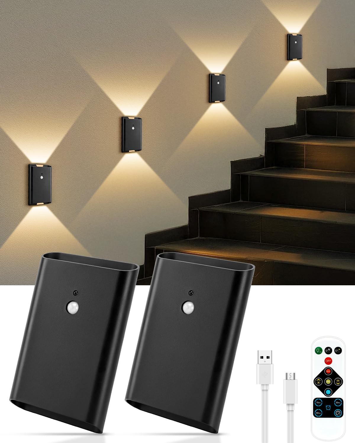 Rechargeable Motion Sensor Wall Sconce Set of 2 - 5000mAh Wireless Battery Operated Wall Light Indoor, 3 Colors Up/Down Lighting