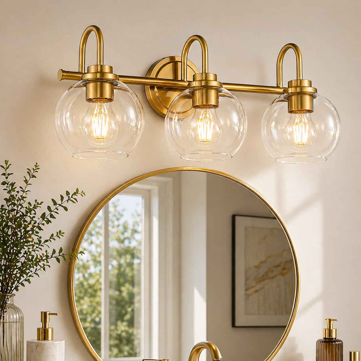 OUVR Gold Vanity Light, 3 Light Bathroom Light Fixtures, Modern Bathroom Vanity Lights Fixtures Over Mirror with Clear Glass Glo
